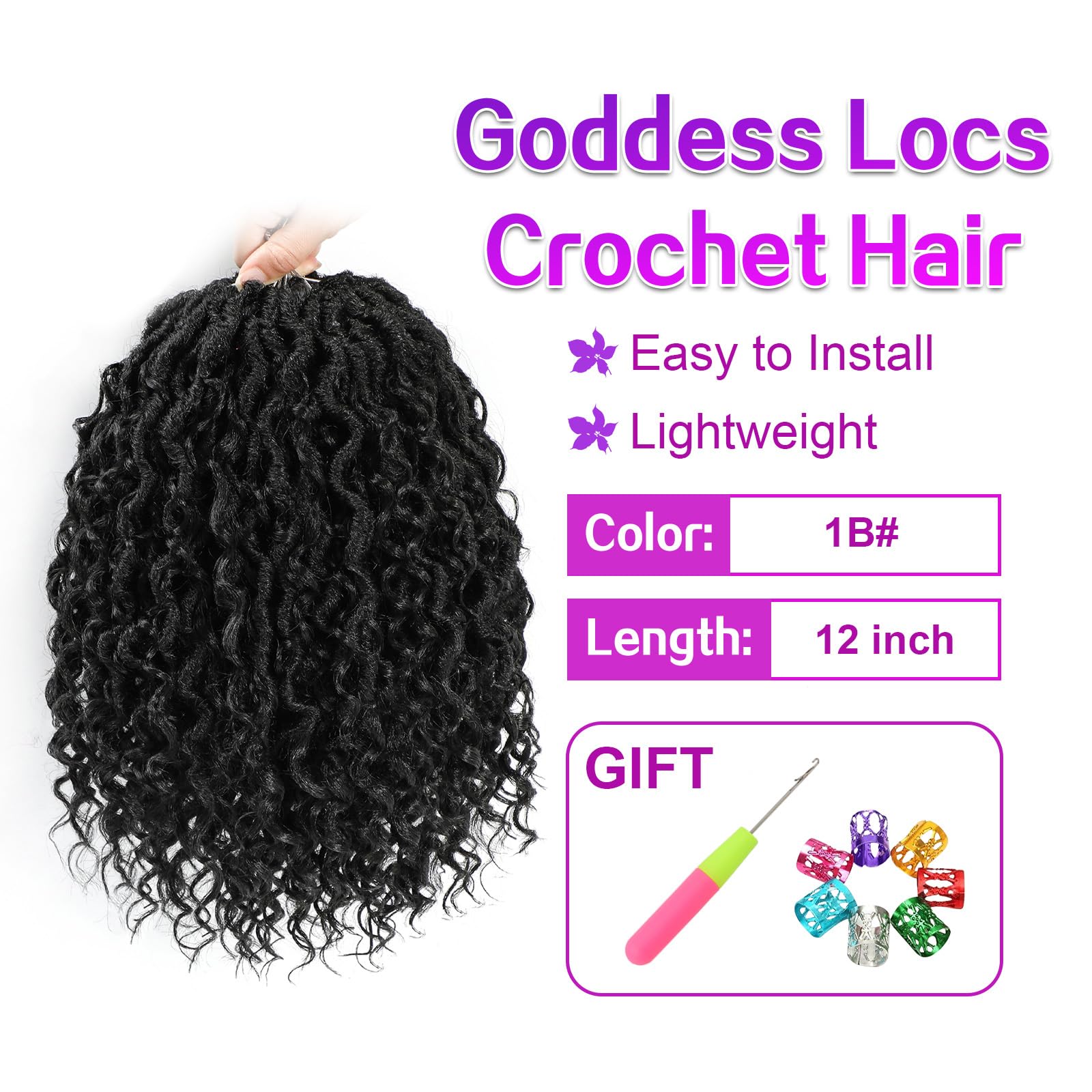 Goddess Locs Crochet Hair 12Inch 8Packs Pre Looped Faux Locs Crochet Hair with Curly Ends Bohemian Crochet Braids Hair for Black Women 1B