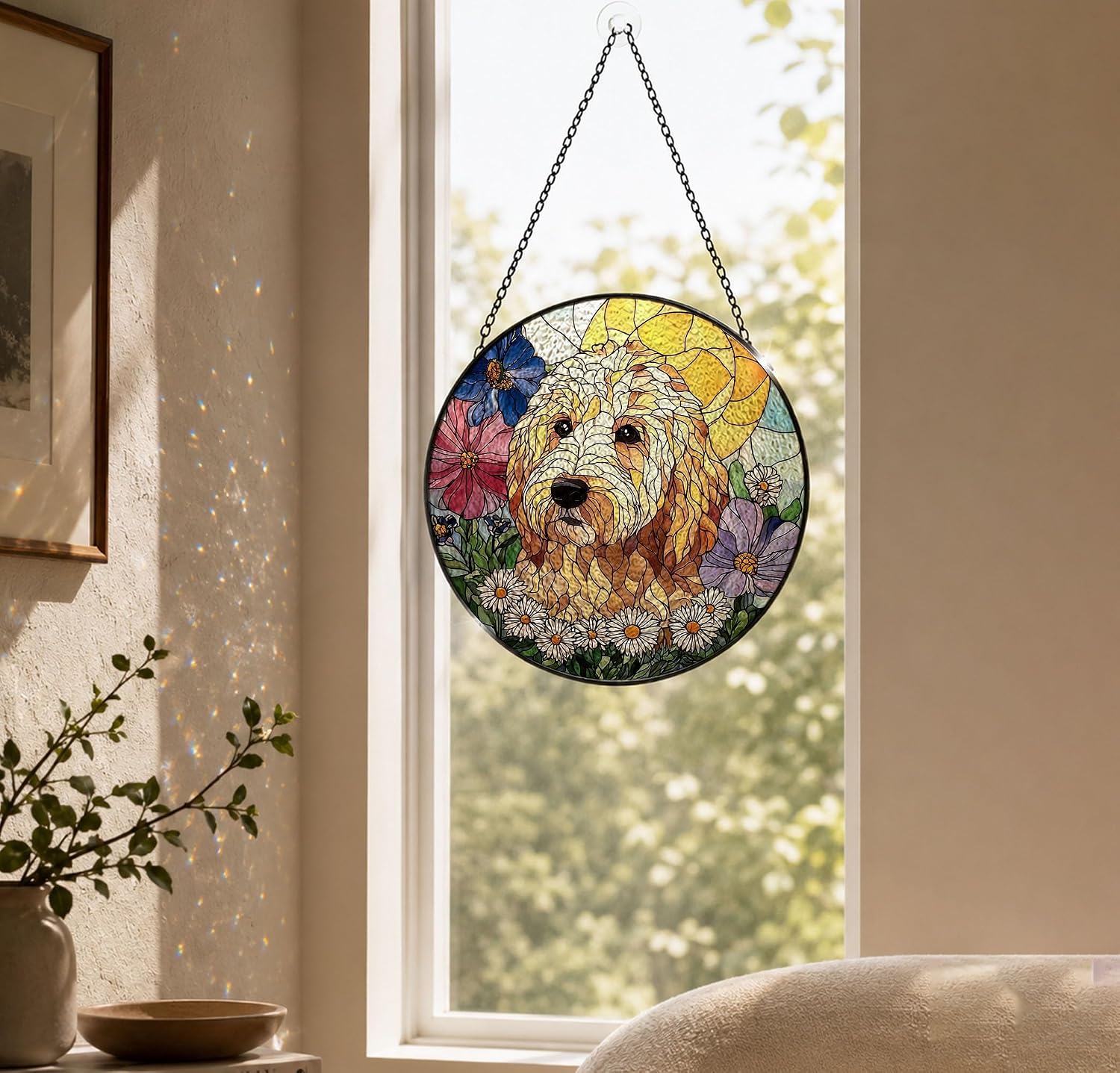 Goldendoodle Wildflowers Stained Glass Suncatcher Window Hanging