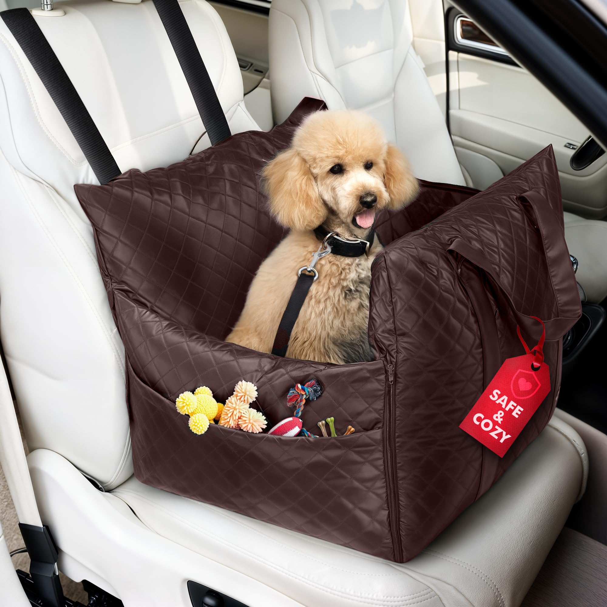 Black Swift Deluxe Dog Car Seat – 2-in-1 Booster Seat & Home Bed for Small & Medium Dogs | Washable, Waterproof | Safety Strap, Storage Pockets | Up to 25 lbs | Front & Back Seat | Brown