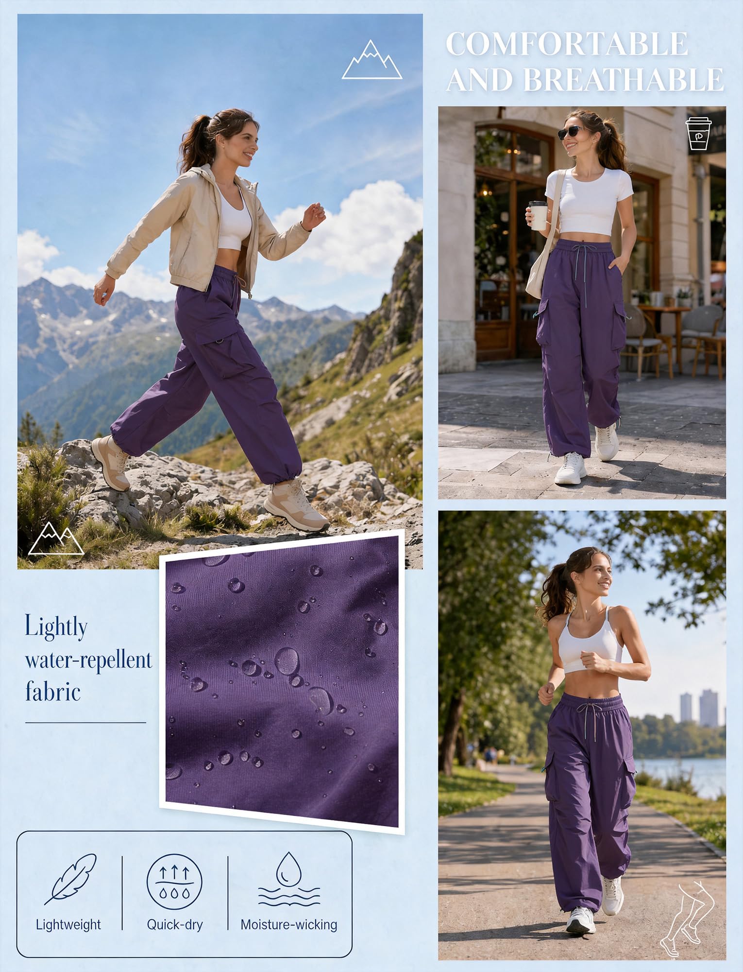 FEOYA Damskie spodnie trekkingowe, wodoodporne, szybkoschnące, spodnie outdoorowe, szerokie nogawki, spodnie cargo, Baggy Parachute Pants High Waist