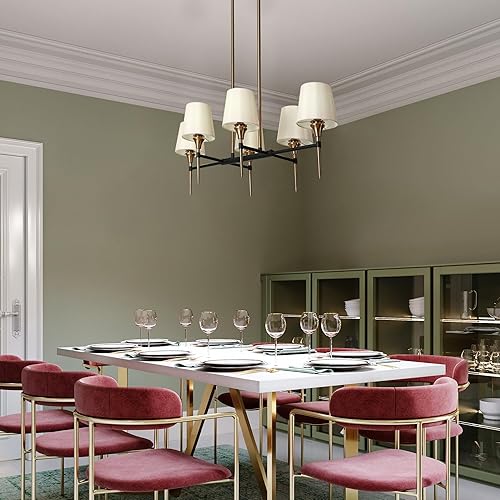 Miniatura 2 de Uolfin Lámpara de araña negra y dorada, 6 luces, moderna lámpara de comedor con pantallas de tela blanca, iluminación colgante grande de isla de