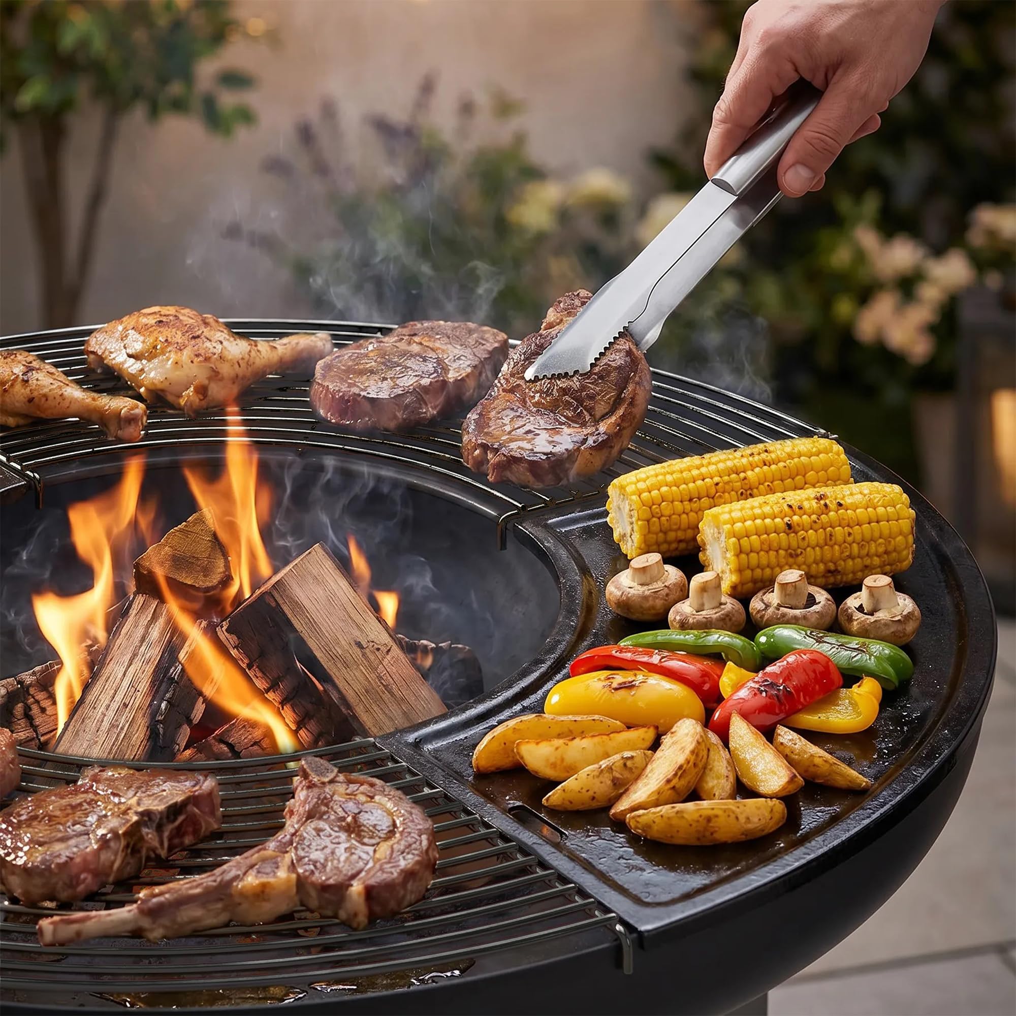 Bali Outdoors Grand Brasero Plancha Ø 80 x 92 cm in ferro, set di cottura esterno con piastre e griglie rimovibili, camino riscaldante da giardino e terrazza