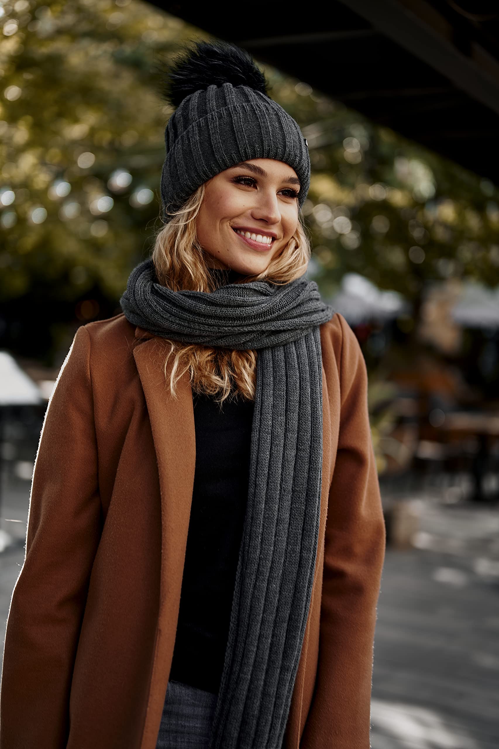 ELIMELI Gorro de cachemira para mujer, de invierno, cálido, gorro de lana con cachemira, gorro de invierno con pompón de piel sintética, gorro de punto para mujer, para invierno, gorro de pompón,