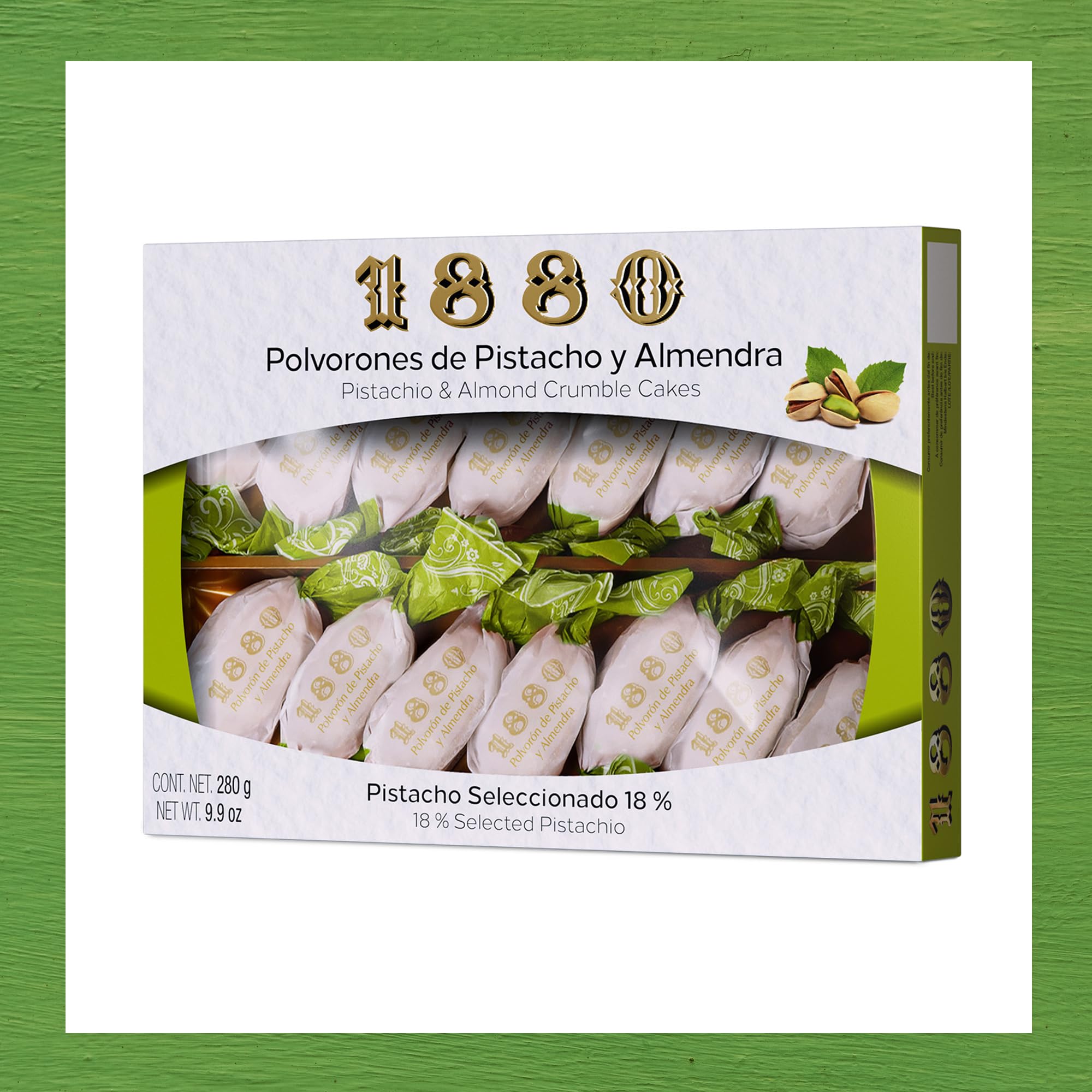 1880 - Polvorones de Pistacho y Almendra, Calidad Suprema, Típico Dulce Navideño, Receta Artesanal, Envase Individual, Polvorones Tradicionales, Elaborado con Almendras Seleccionadas, 280 Gramos