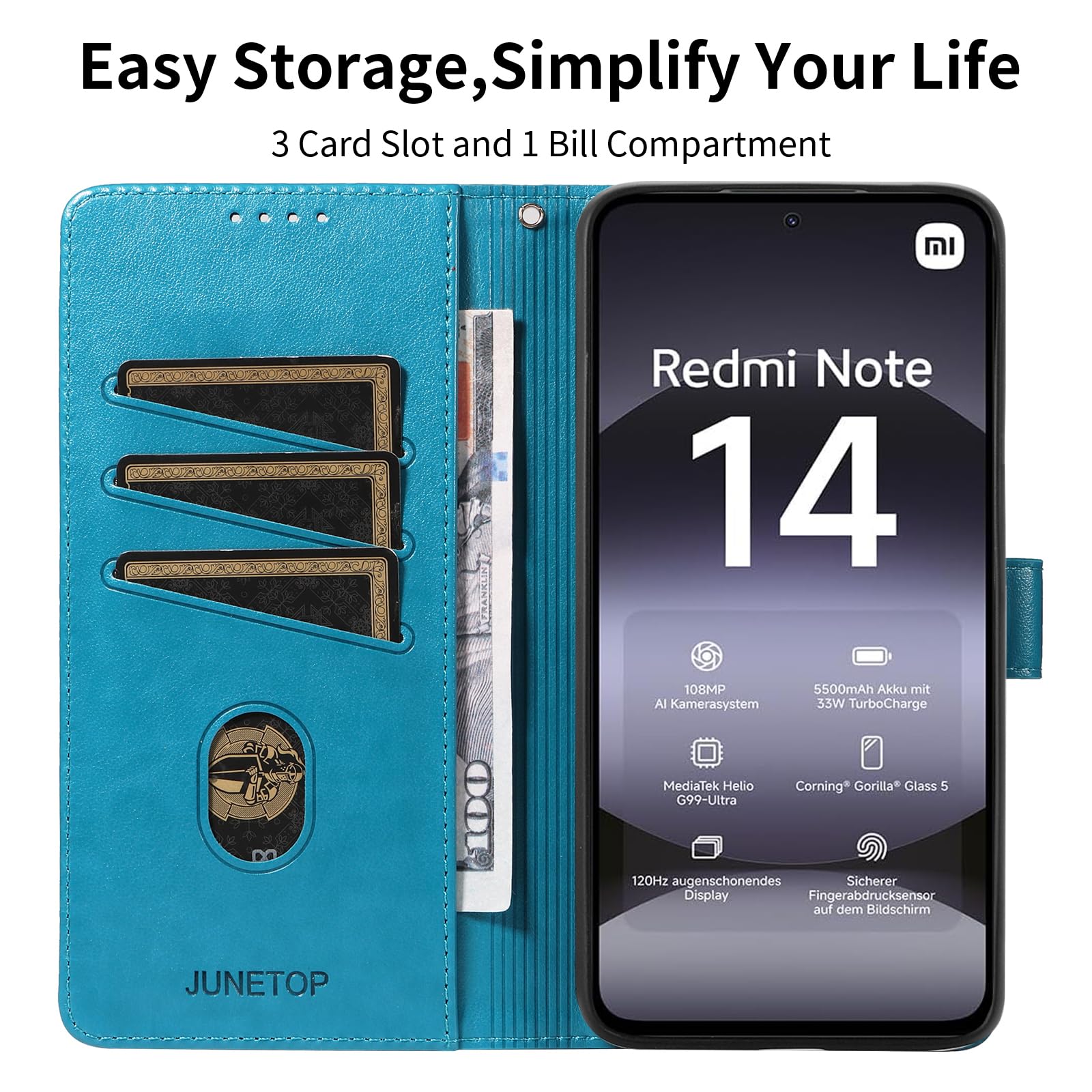 Dcjlbo Cover per Xiaomi Redmi Note 14 4G Custodia Cover in Pelle Portafoglio a Libro con Pellicola Vetro Temperato Porta Carte Cover Flip Case Cuoio Antiurto Custodia per Redmi Note 14 4G-Oro