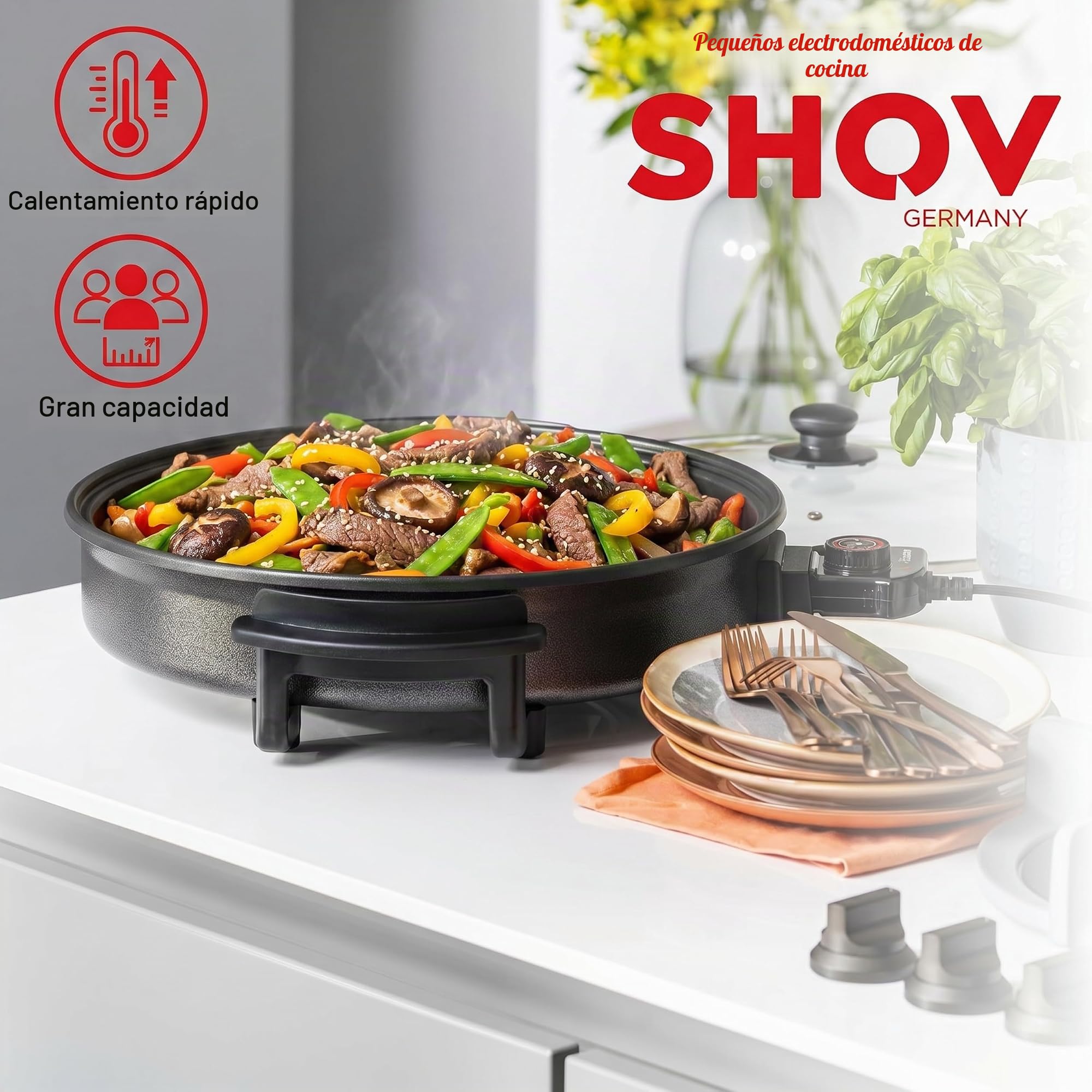 Shov Sartén eléctrica para pizza y multibräter XL – 48 cm de diámetro, 7 cm de profundidad | Sartén antiadherente y tapa de vidrio | 1500 W | Termostato ajustable para pizza, paella, giroscopios y