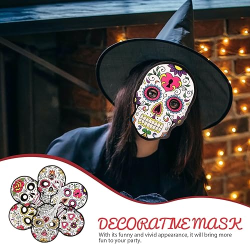 Miniatura 7 de EXCEART 6 máscaras del Día de los Muertos, máscaras de papel de calavera, esqueletos, máscaras de cosplay, fiesta del Cinco de Mayo, sombreros para
