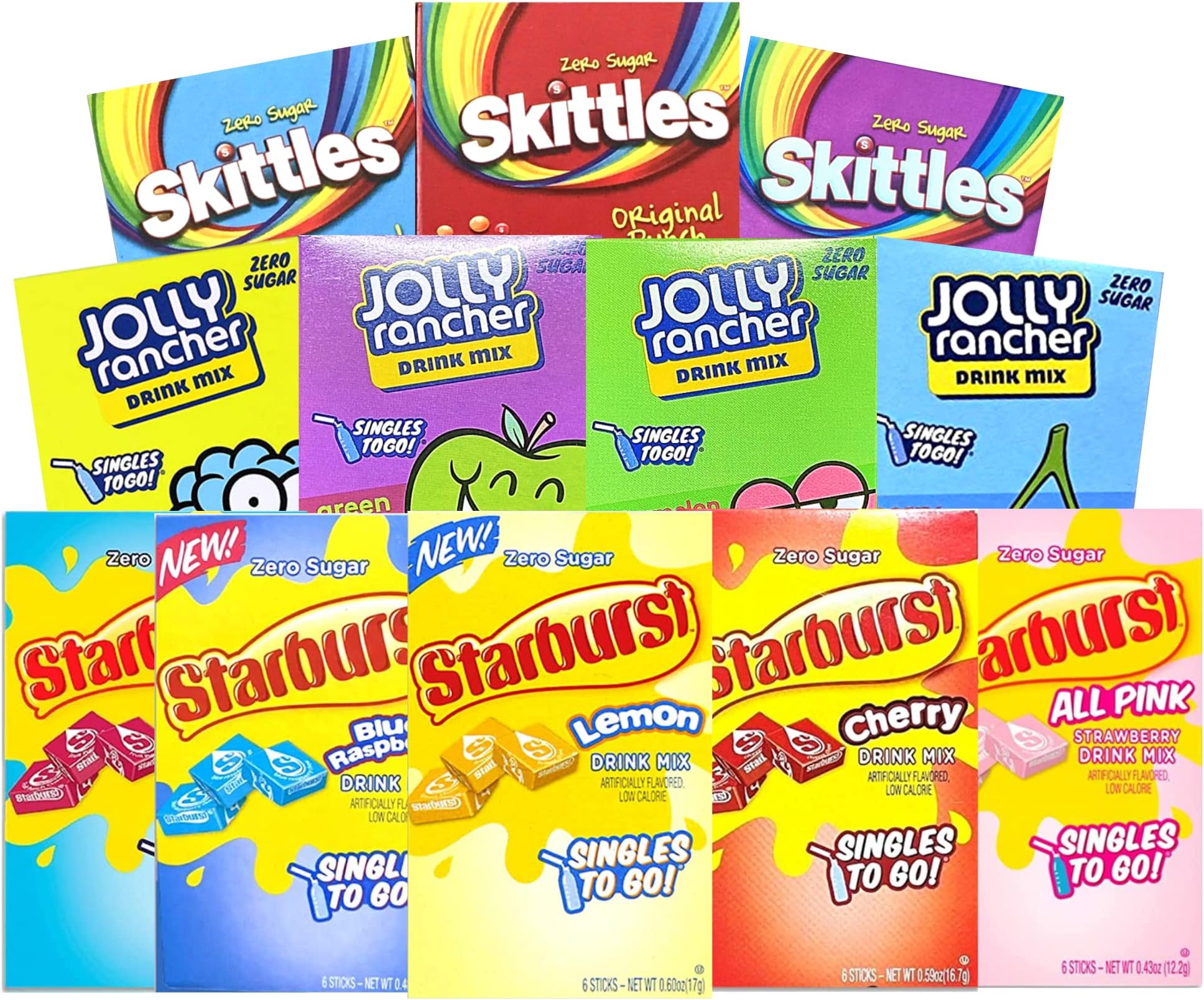 Sugar Free Singles to Go Drink Mix Variety Bundle. Includes 3 Skittles Drink Mix, 4 Jolly Rancher Drink Mix , 5 Starburst Drink Mix and a BELLATAVO Fridge Magnet. Total of 12 Drink Mix Variety Pack.