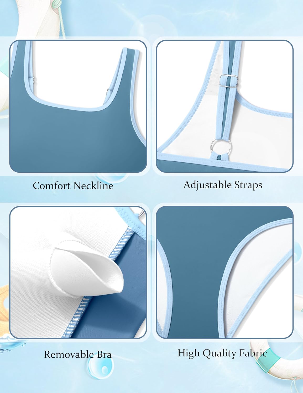 NECIOUS Teen Girls Swimsuits Two Piece Sporty Bikini Sets Color Contrast Trim Adjustable Straps Swimsuit with Chest Pad - Image 7