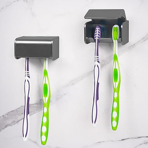 Miniatura 12 de Soporte para cepillos de dientes montado en la pared con cubierta para baño, 2 ranuras organizador de almacenamiento de cepillos de dientes para