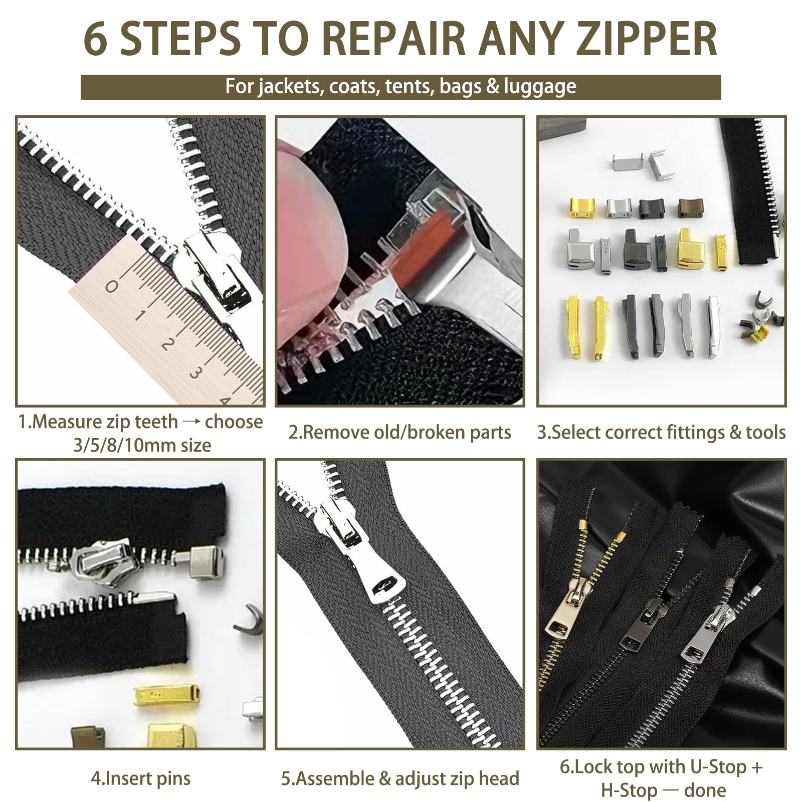 Set di riparazione per cerniere, 101 pezzi, con pinze, kit di riparazione cerniera con cursori di ricambio, per giacche, borse, zaini, bagagli, accessori di ricambio per cerniere