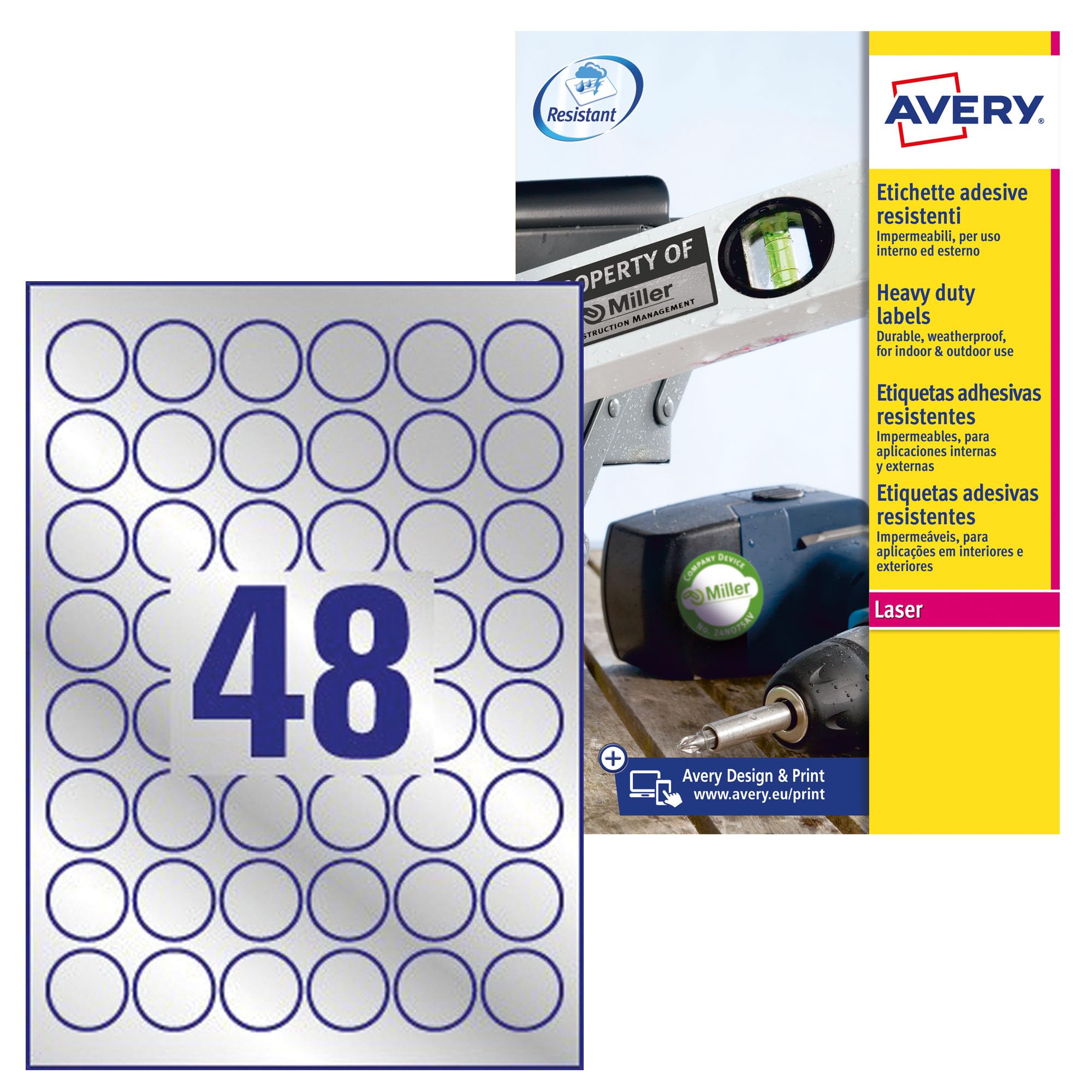 Avery l6129–20 Argent Résistant aux intempéries Étiquettes pour imprimantes laser (30 mm Dia ronde Étiquettes, 48 étiquettes par feuille A4, 20 feuilles)