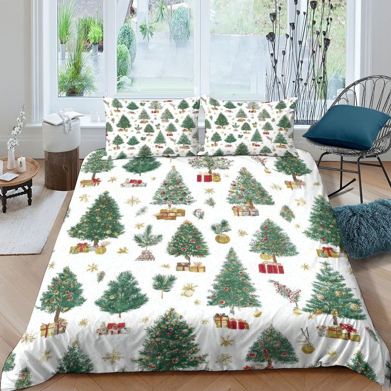 GPLZQXKJNH 3D Printed Christmas Tree Duvet Cover Microfiber Soft Breathable Winter Forest Bedding Set with 2 Pillowcases for Home Bedroom Single（135x200cm）