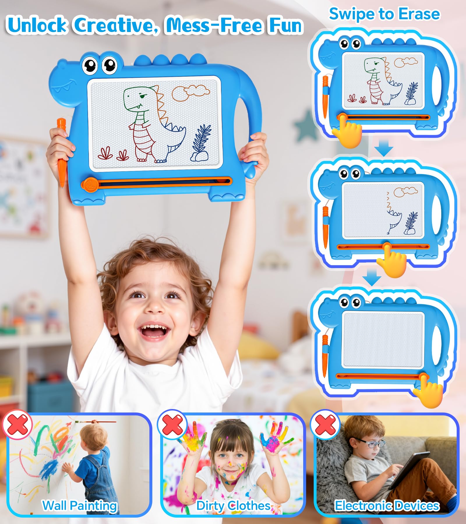 AiTuiTui Ardoise Magique Dinosaure Pieds Amovibles pour Enfants, Tableau Magnétique Éducative Bébé 1 2 3 Ans, Jouet Créatif d’Écriture Filles Garçons, Jouet de Voyage Cadeau Anniversaire Noël, Bleu