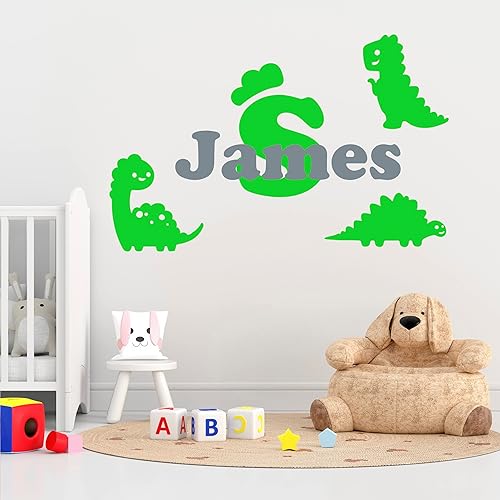 Dinosaurs Initials Custom Name Decals for Walls - Kids Decal Name Personalized Sticker with Baby Name and Initial with Crown - Custom Wall Lettering