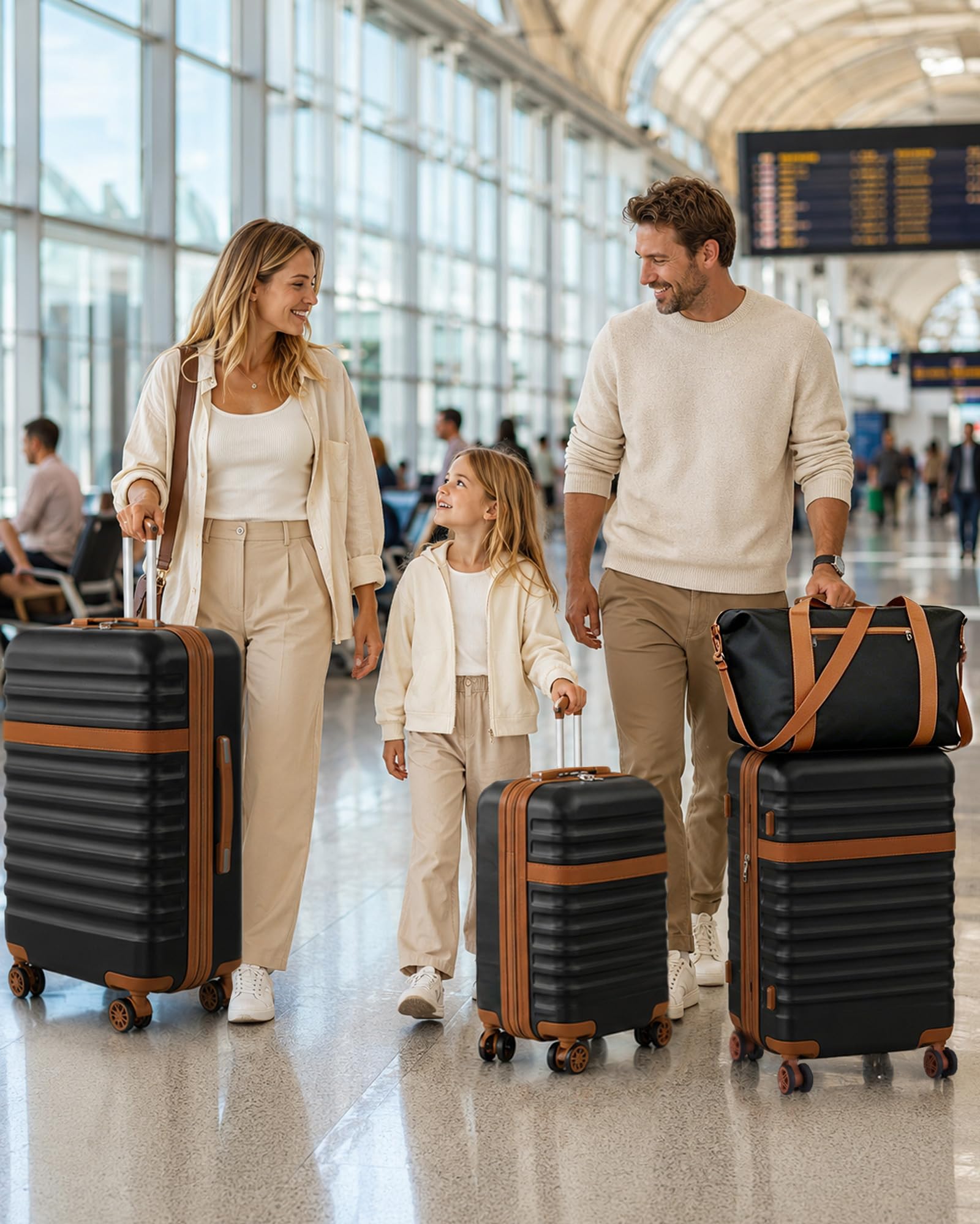 KONO Reisekoffer Set 3-teilig, Erweiterbar Hartschalenkoffer Mittelgroß mit 4 Rollen und TSA Schloss, leichte ABS+PC Trolley inkl Reisetasche und Kulturbeutel, ideal für Geschäftsreise, Schwarz/Braun