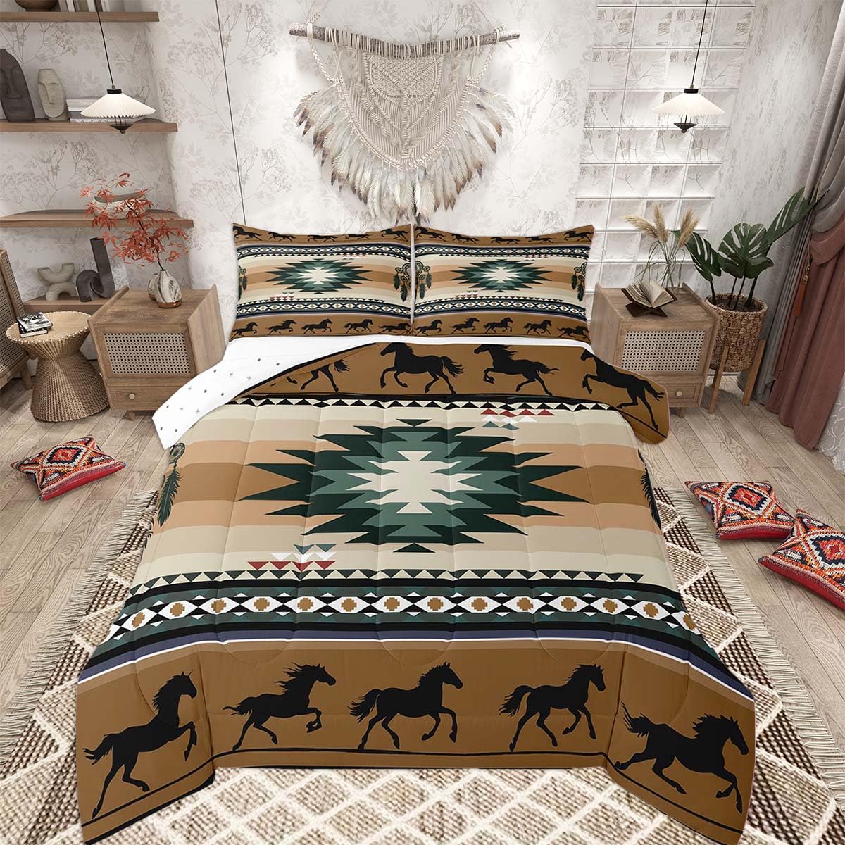Feelyou Rustic Western Bedding Set Queen Size Kids Brown Southwestern Aztec Comforter for Boys Girls Teens Western Horse Comforter Set Soft Microfiber Boho Geometric Room Decor