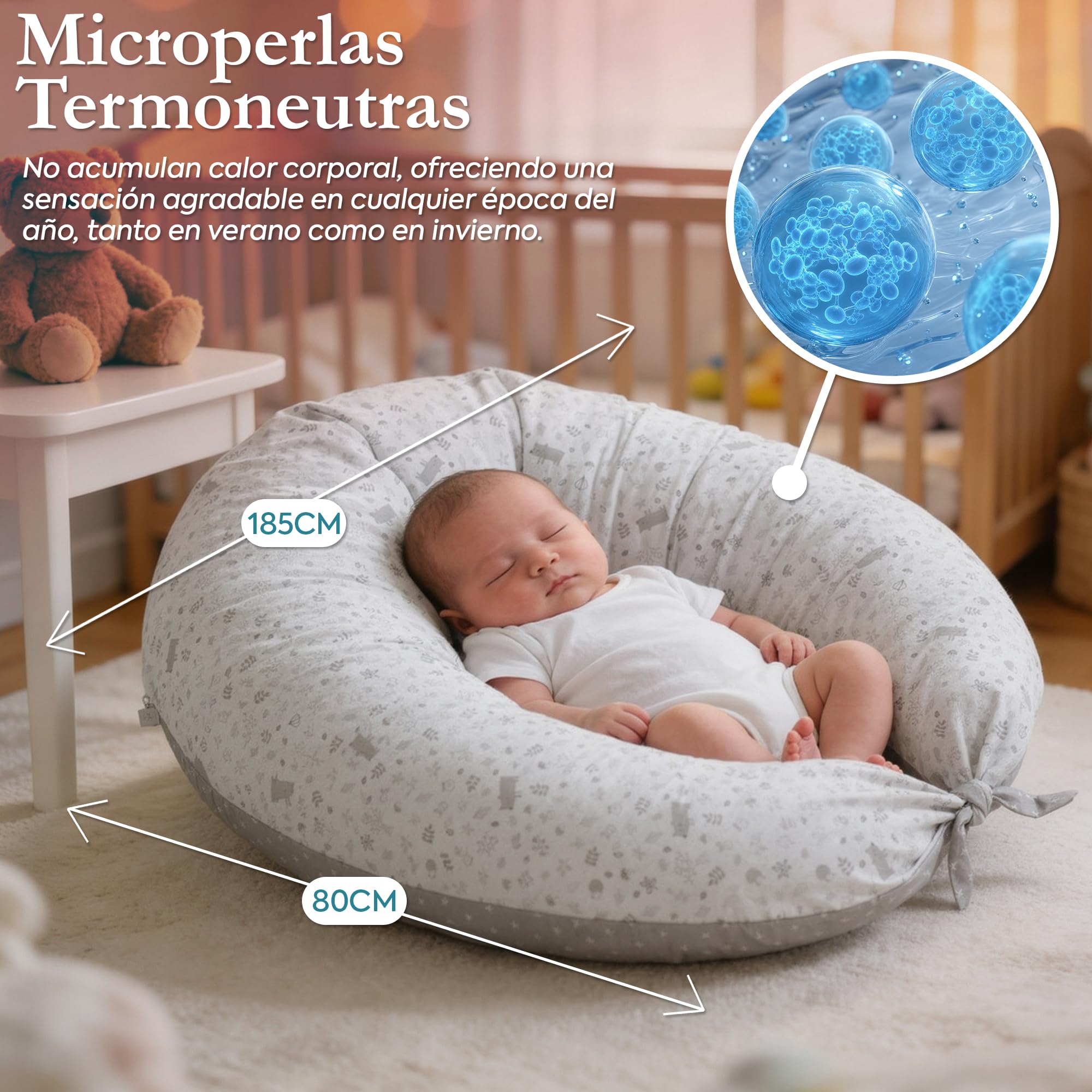 Cambrass-cojín Lactancia bebé en Forma de Media Luna-Almohada para Embarazadas-Almohada de Lactancia con Relleno de microperlas Que proporcionan un Mejor Descanso y Relax- 80x185x16 cm Plumeti Rosa