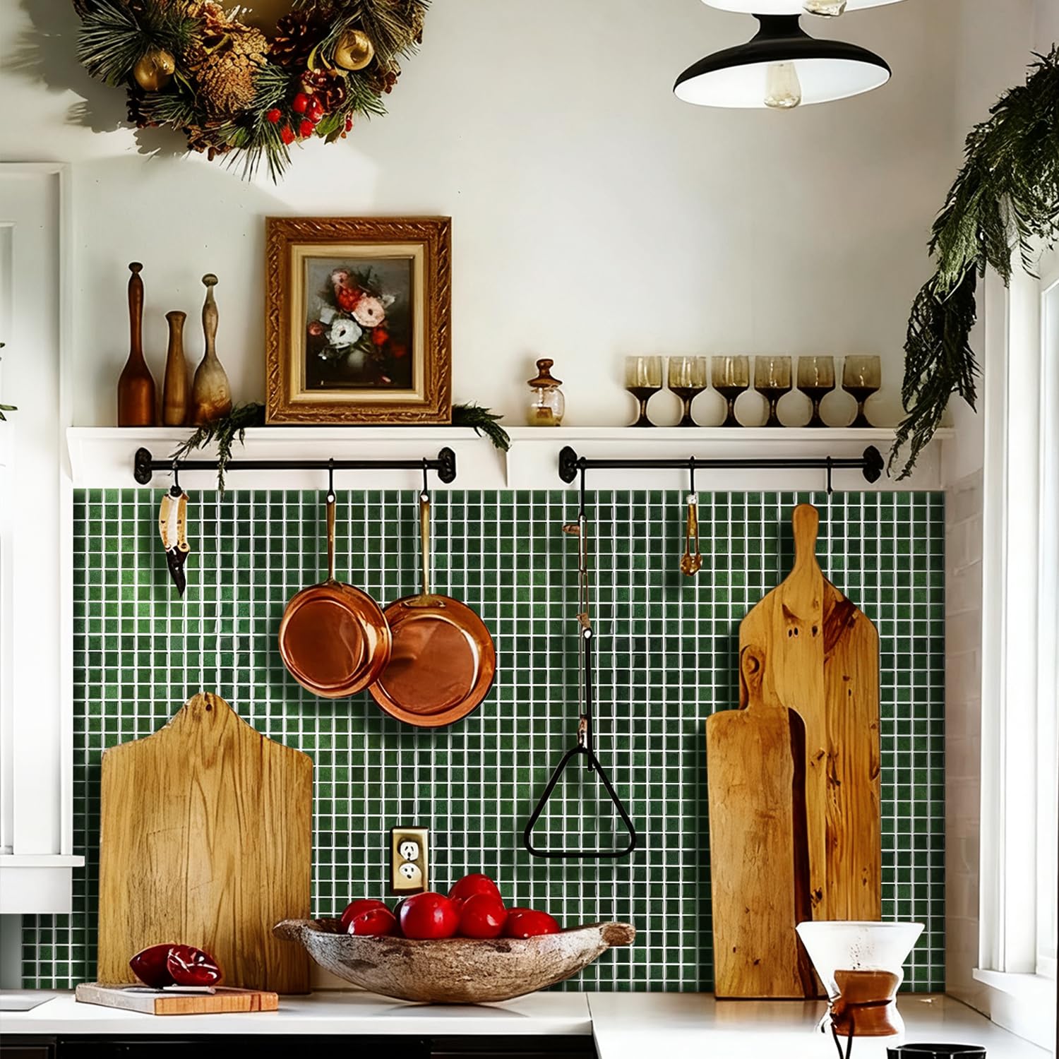 Alwayspon Piastrelle adesive da parete in vinile 3D a mosaico, 25,4 x 25,4 cm, impermeabili, autoadesive, paraspruzzi, per cucina, bagno, parete, verde retrò, 10 pezzi
