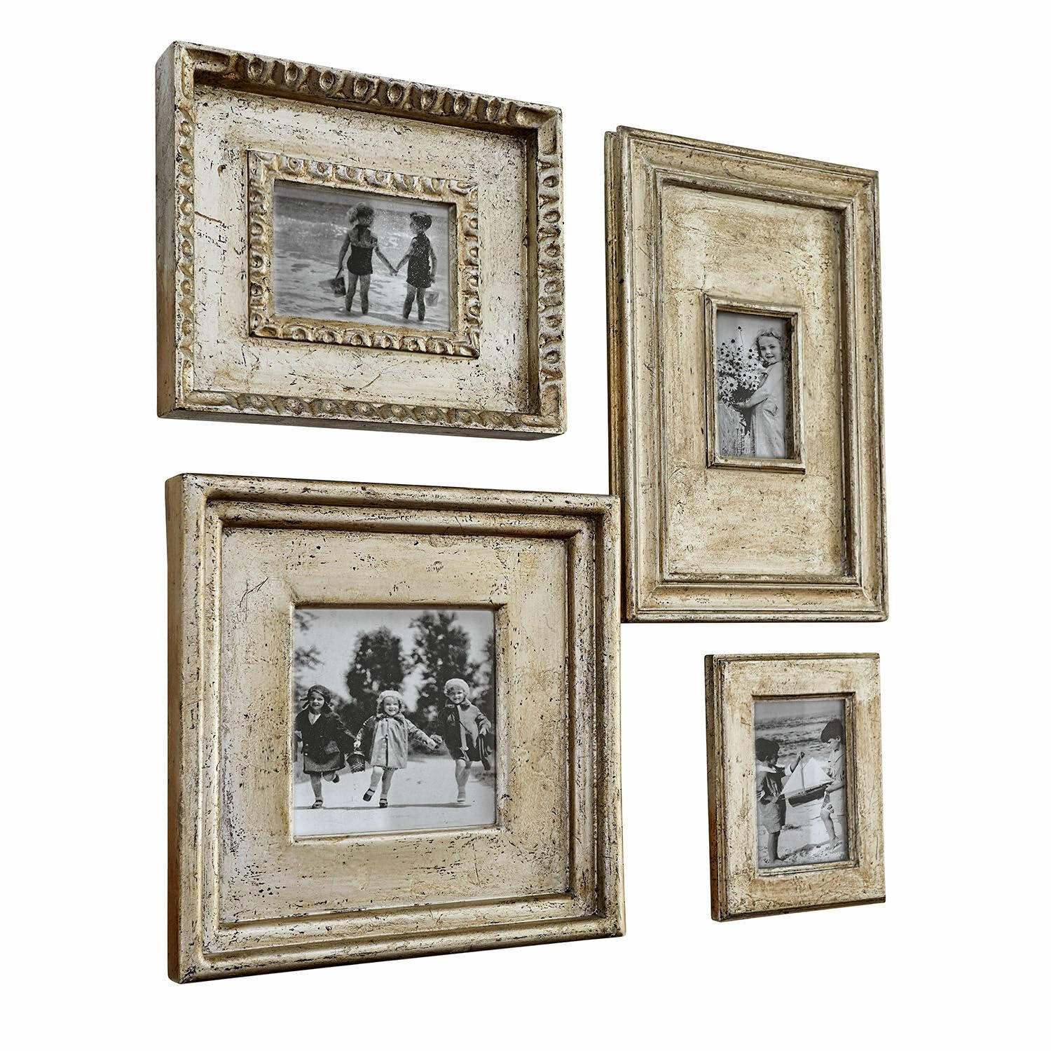 Loberon Bilderrahmen 4er Set Holny, antiksilber | Unterschiedliche Rahmen-Designs, Nostalgischer Charme, Wandschmuck, Wanddekoration, Mangoholz, Spiegelglas