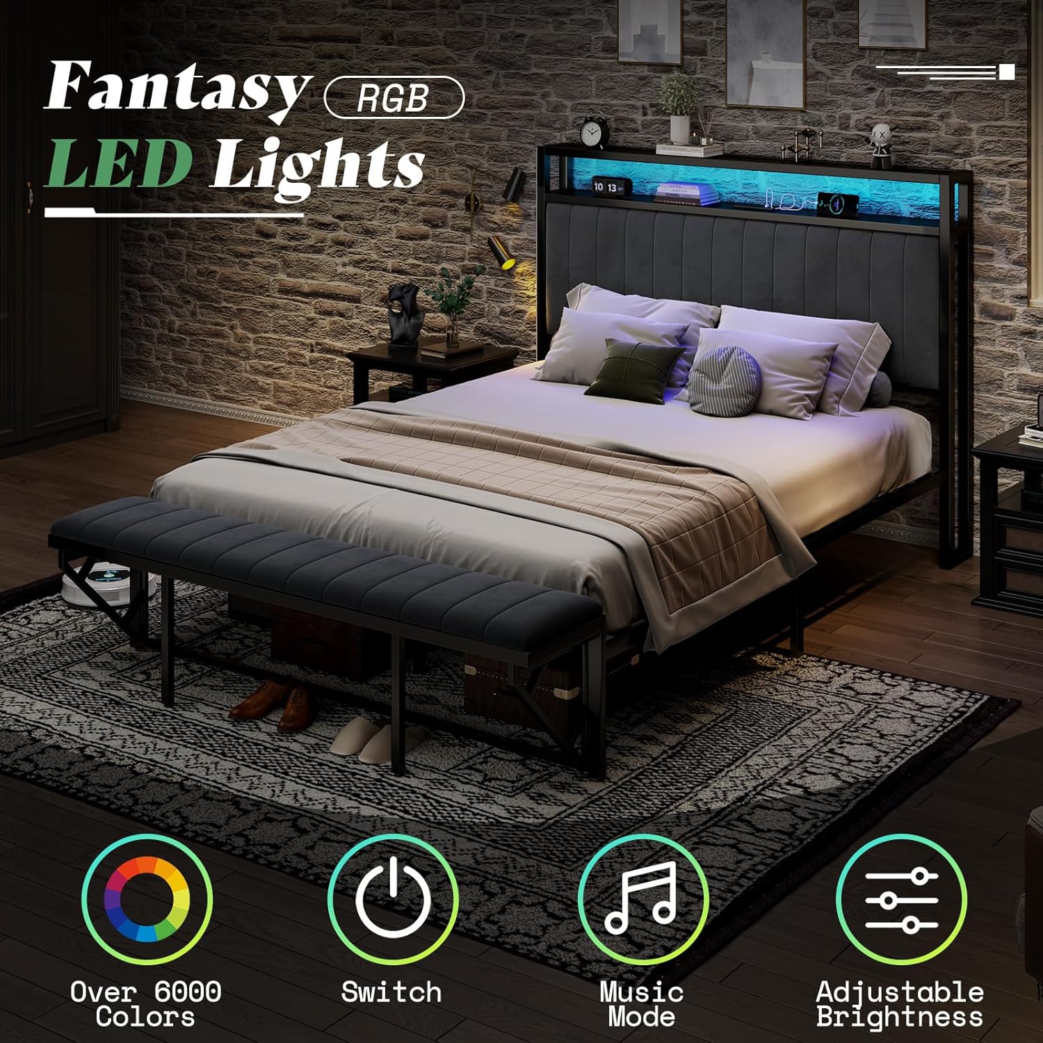 AMERLIFE Queen Padded Bed Frame with Foldable Ottoman, Velvet Upholstered Headboard with LED Lights, Charging Station and Storage Shelves, No Box Springing Needed, Noisy Free, Gray