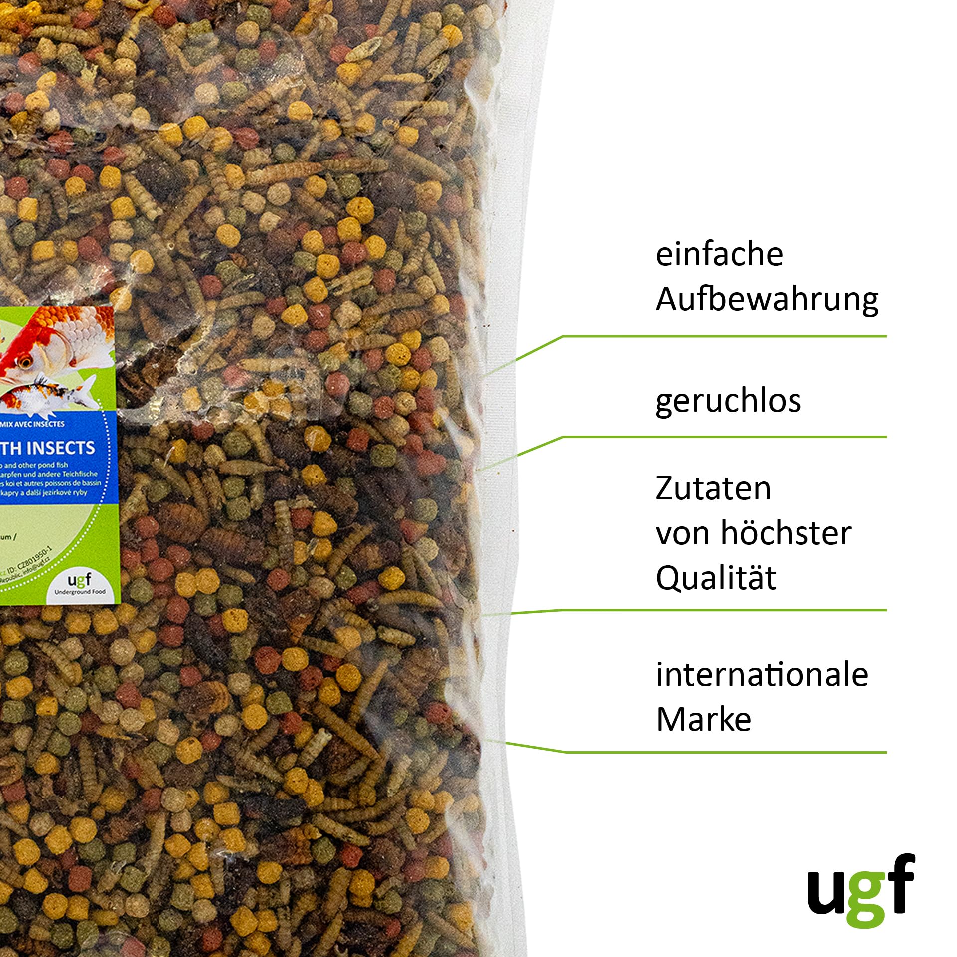 UGF - mieszanka KOI z owadami, 2 kg, bogata w białko karma KOI i karpia dla zdrowego wzrostu i koloru – pokarm dla ryb, staw, pływająca karma dla ryb stawowych