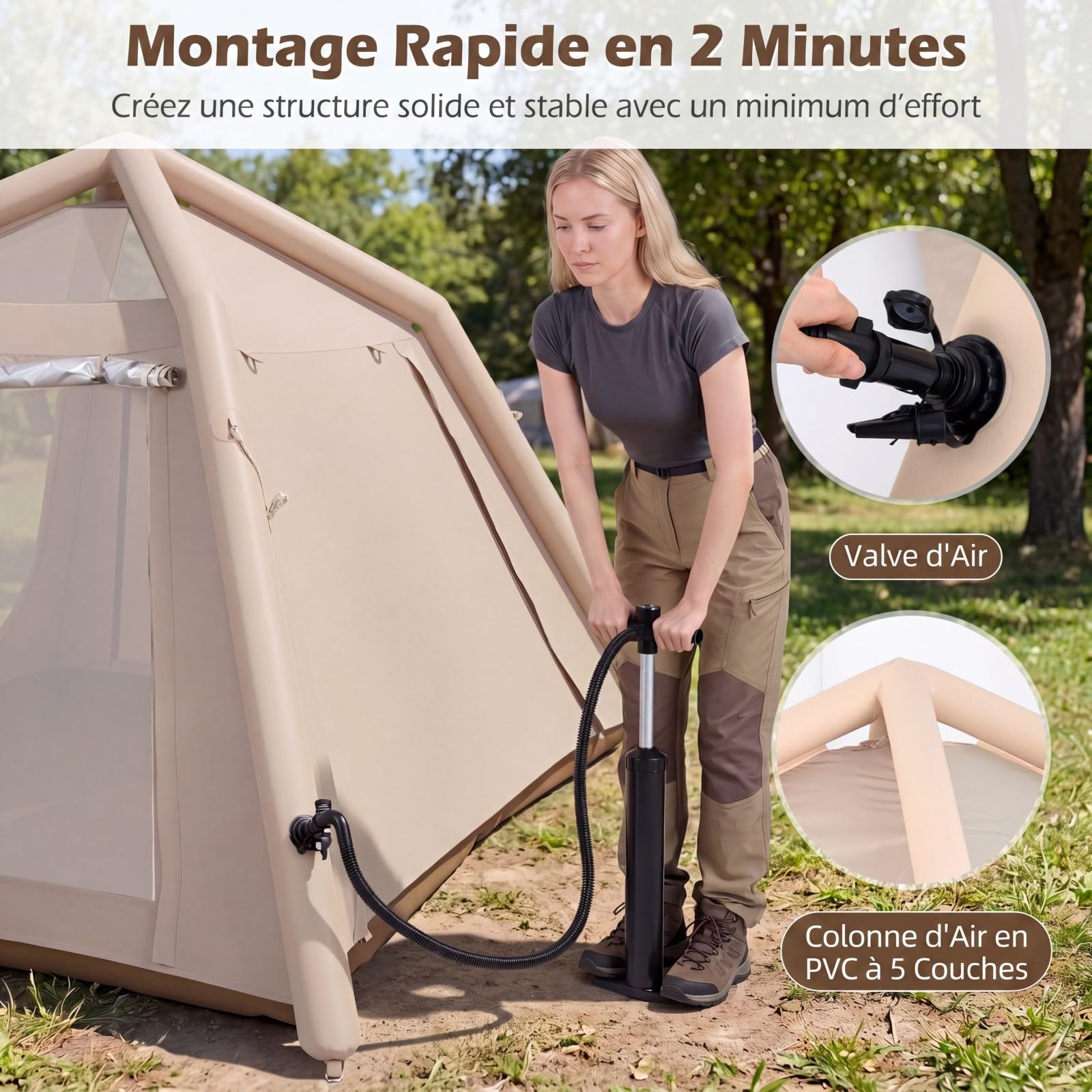 COSTWAY Tente de Camping Gonflable pour 2-4 Personnes, Grande Tente Portable avec Pompe Portes Fenêtres Filet Toit Amovible UPF50+ Étanche, Montage Rapide pour Camping Voyage Randonnée