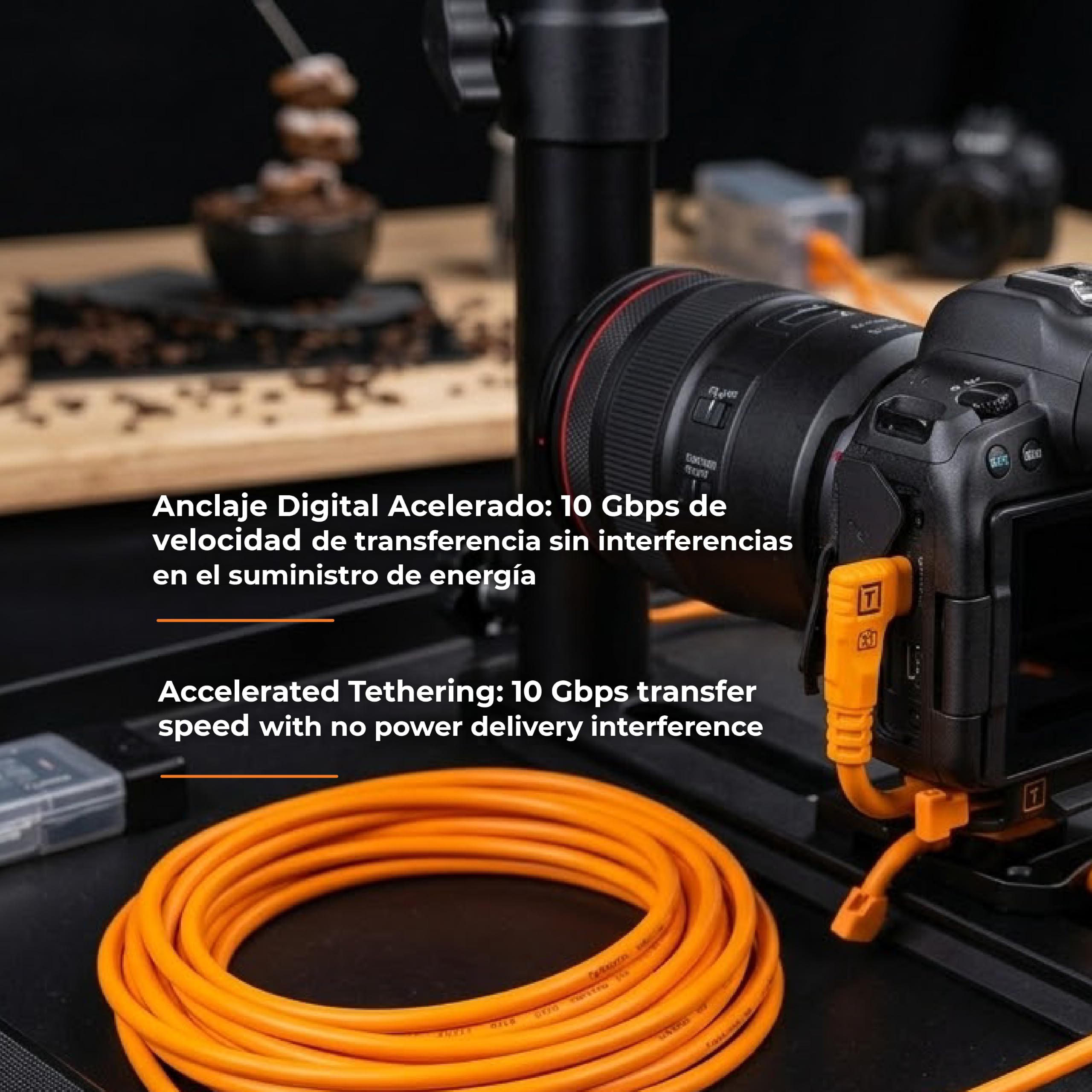 Tether Tools TetherPro Optima 10G USB Exclusive Data Transfer, cable recto a ángulo recto de 1,8 m, color naranja