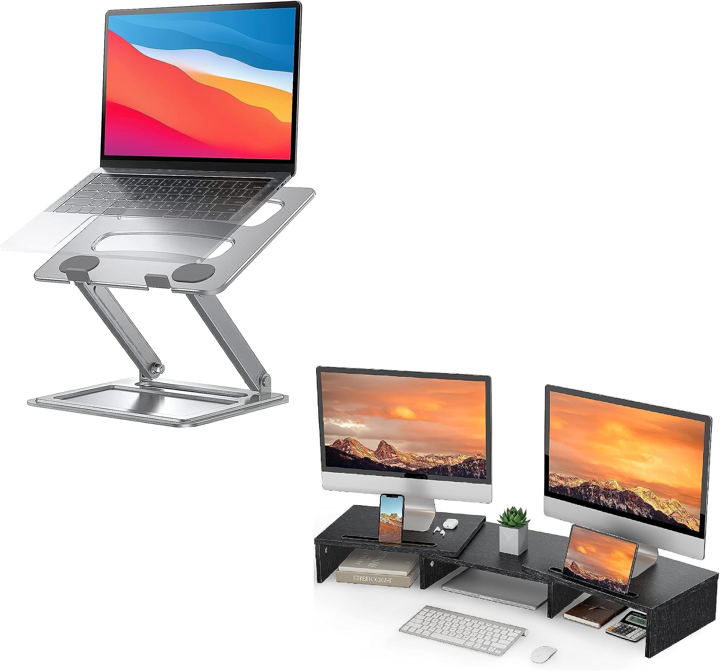 LORYERGOAdjustable Laptop Stand & Dual Monitor Stand,Monitor Stand for Desk, Adjustable Computer Stand w/Slot for Tablet Cellphone, Computer Riser w/Big Storage, Dual Monitor Riser for PC, Laptop, Pr