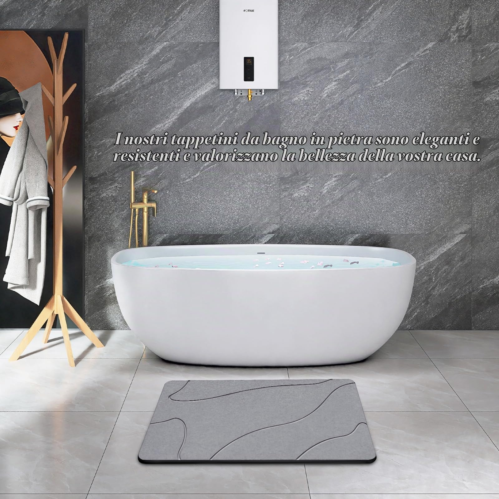 Tappetino da bagno in pietra, 100% terra di diatomacea naturale, antiscivolo, super assorbente, ad asciugatura rapida, facile da pulire (grigio scuro)
