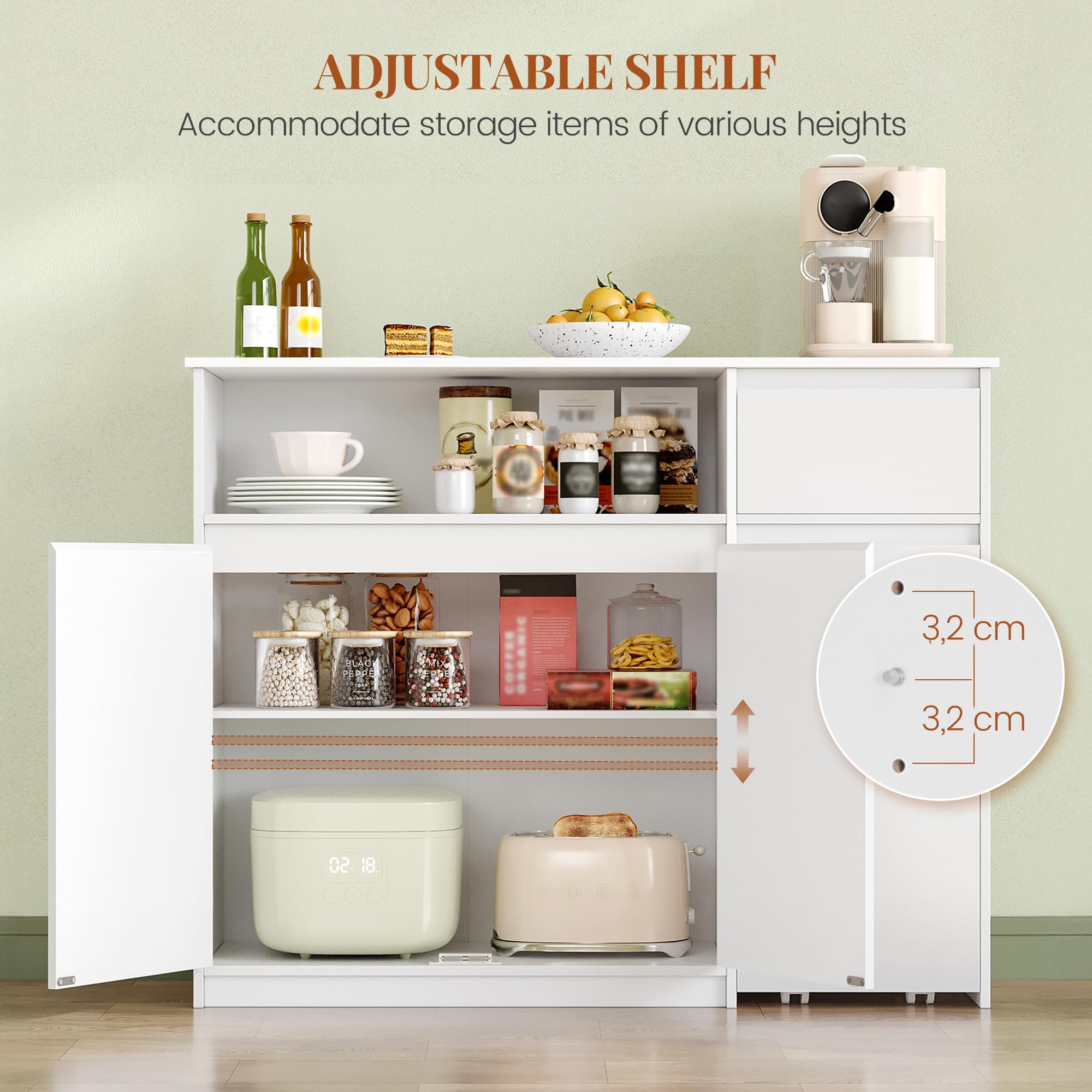 HEXCELEN Sideboard, Küchenschrank, Aufbewahrungsschrank mit Rollwagen, Schubladen und Verstellbaren Einlegeböden für Esszimmer, Küche und Wohnzimmer, Modern, 35 x 100 x 80 cm, Weiß