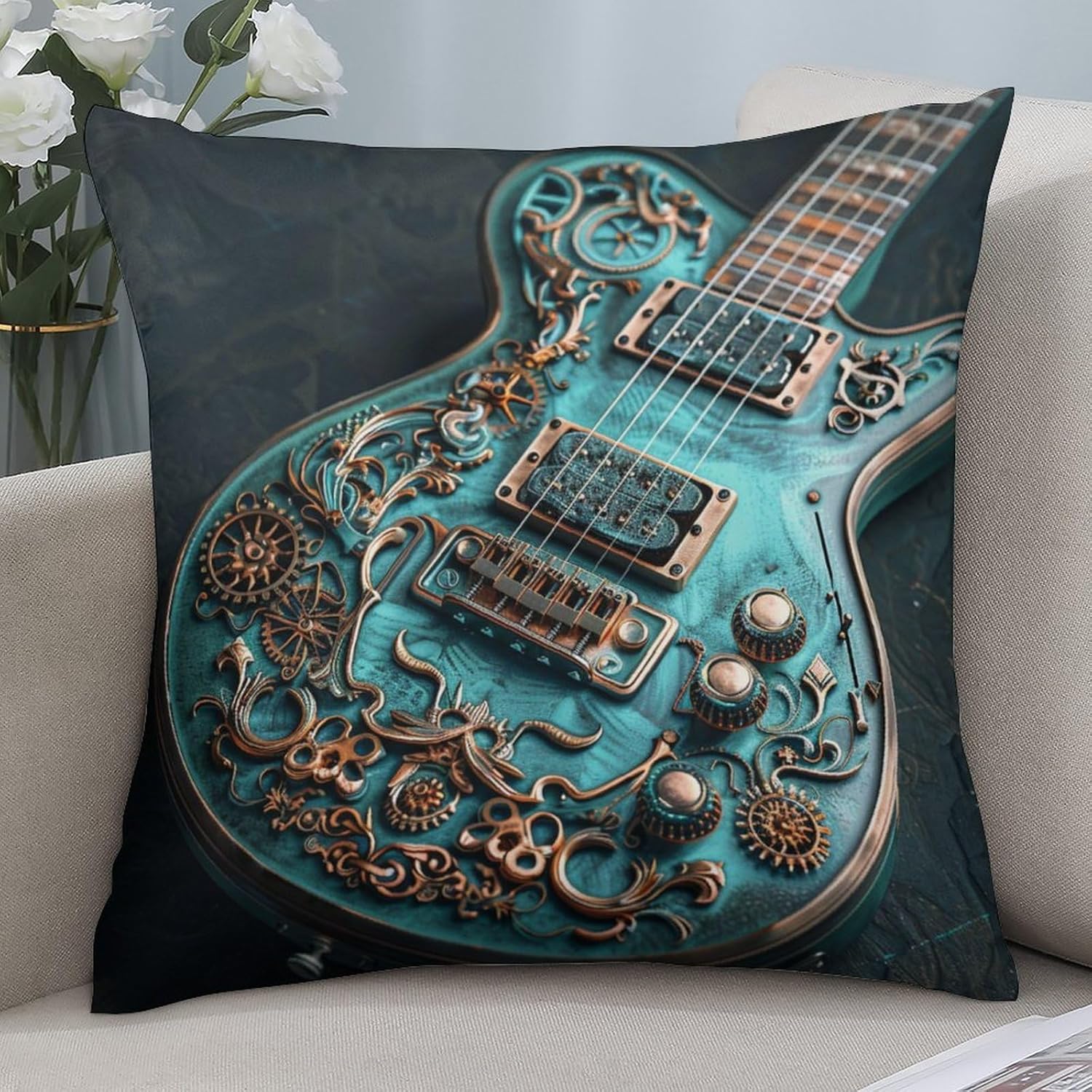 Fantasy Steampunk Guitar Pillowcases Set of 2 Cushion Case for Couch Bed Sofa, Funny Music Art Deco Throw Pillow Covers for Living Room Bedroom, 20x20 inch