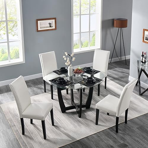 Miniatura 10 de MODERION Parsons CY1122WT - Juego de 2 sillas de comedor con ribete de cabezas de clavo, asiento tapizado de piel sintética para cocina, patas de