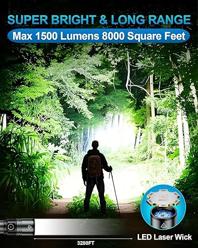 Miniatura 3 de Linterna recargable de 1500 lúmenes altos con lente de encendido, luz LED súper brillante con zoom, 5 modos, impermeable, de mano, potentes