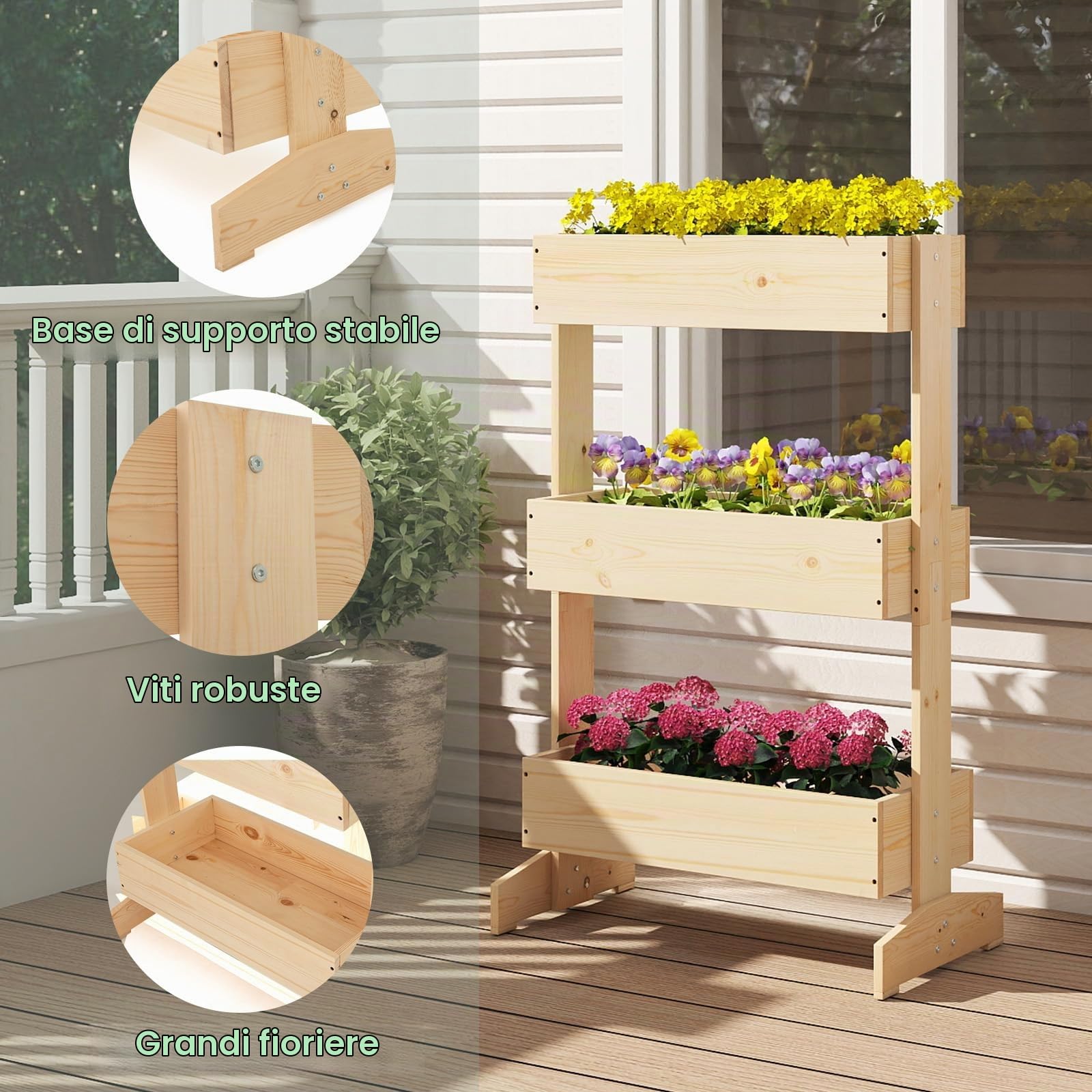 HOMASIS Orto Rialzato da Esterno a Tre Livelli, Fioriera Rialzata a Scala in Legno di Pino con Foro di Drenaggio, Vaso Regolabile per Fiori e Verdure da Giardino, 69 x 39 x 109 cm, Naturale
