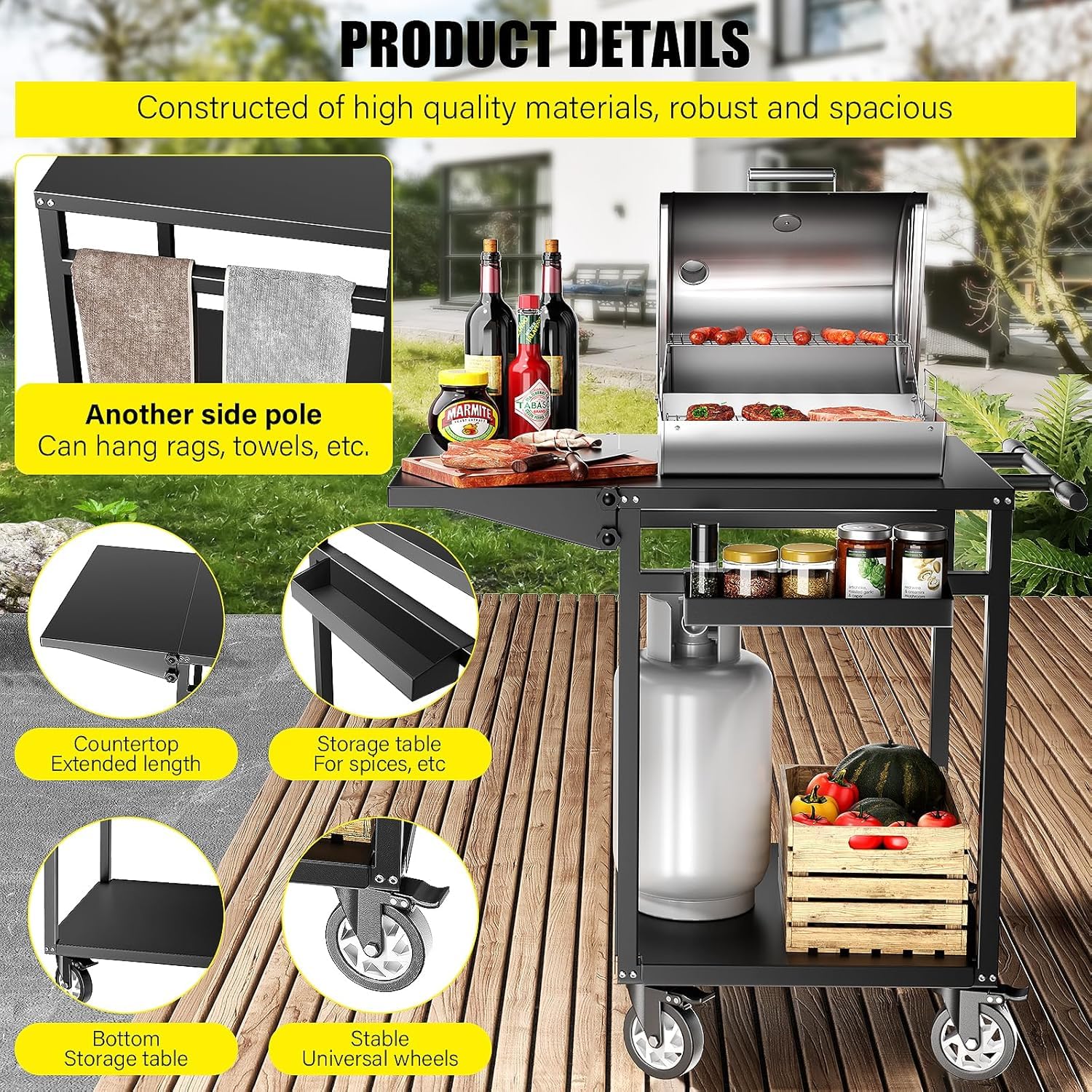 VELPAX Carrello Barbecue, Carrello di Servizio con Pannello Laterale Pieghevole, 87 x 62 x 89 cm Tavolo da Barbecue con Ripiani Regolabili, Ruote, Maniglia per Casa Cortile Patio e Giardino