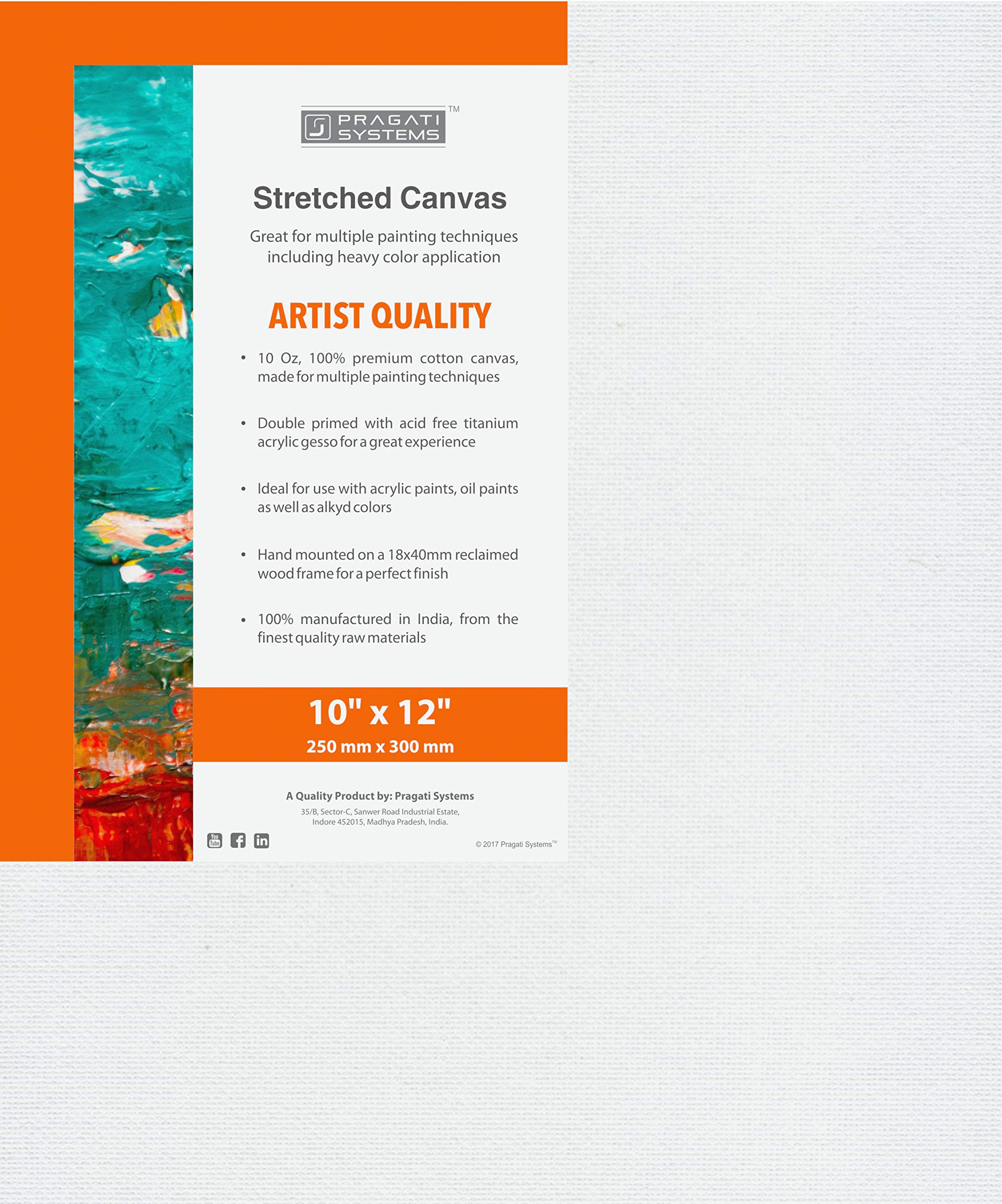 Pragati SystemsMedium Grain 10x12 Inch 10 Oz. Primed Cotton Pre Stretched Canvas with Wooden Frame for Painting ACS1012, White (Pack of 1)