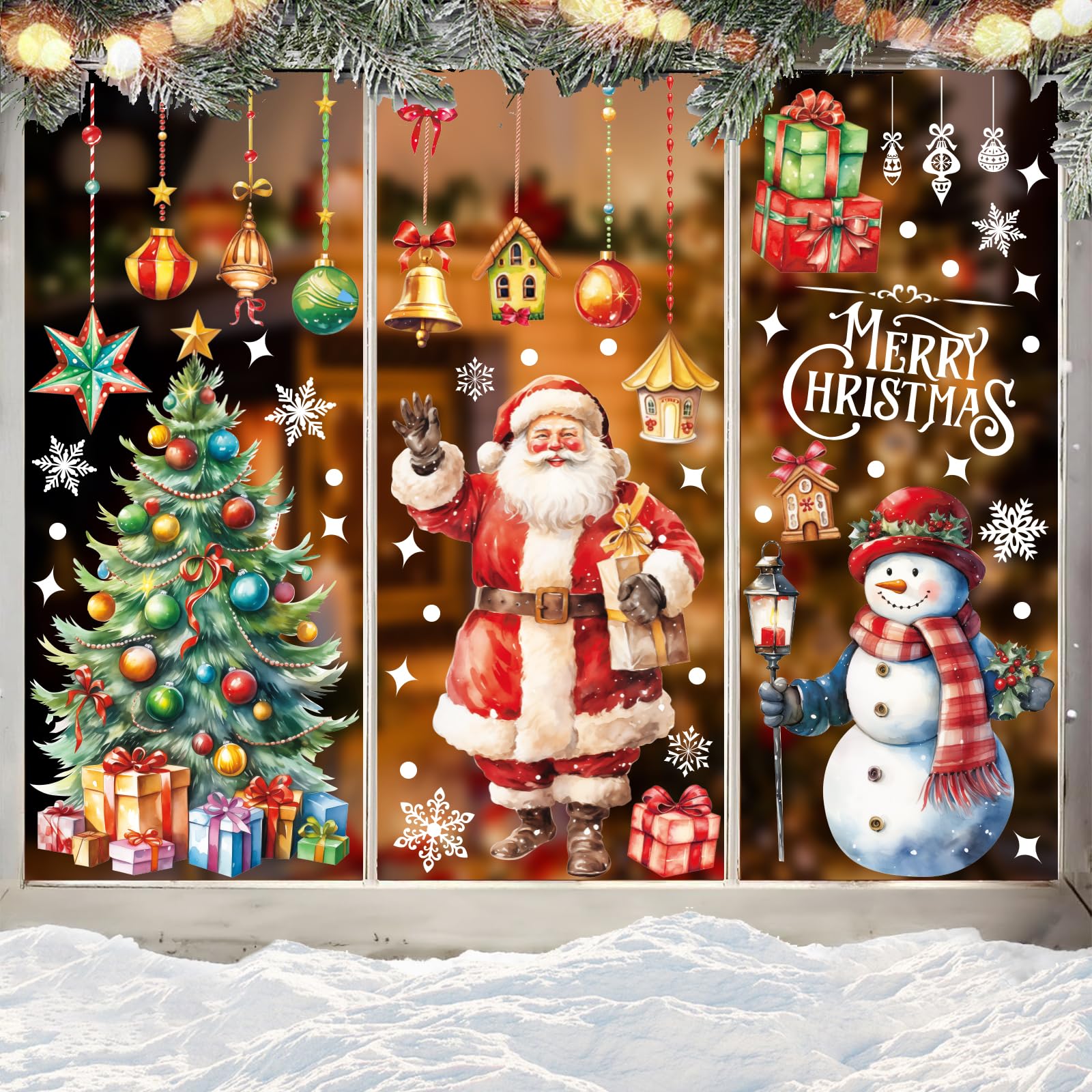 LOKIPA 4 Sheets Christmas Window Stickers, Merry Christmas Window Clings Extra Large Santa Claus Snowman Xmas Tree with Snowflakes for Winter Holiday Décor
