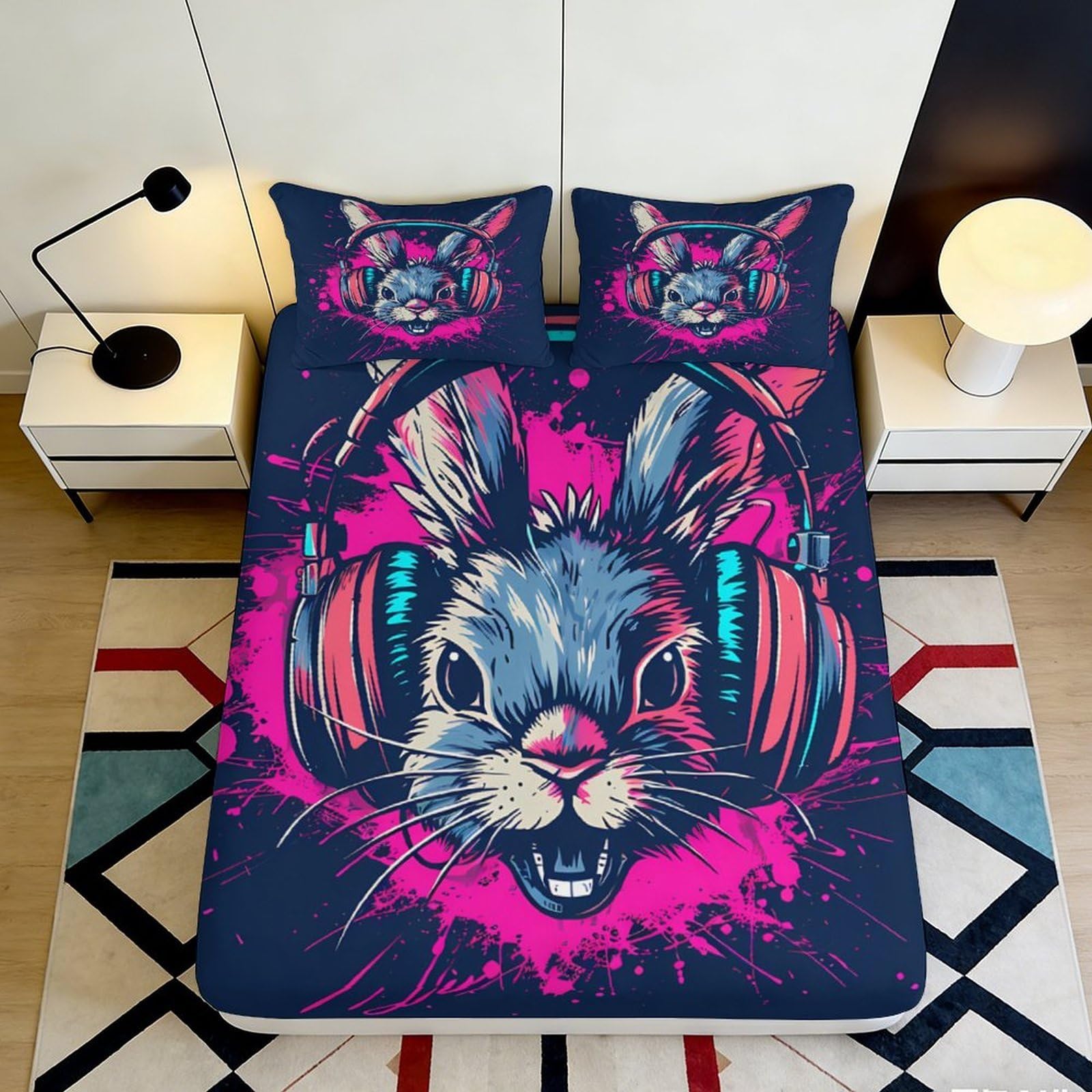3D Printed Rabbit Headphones Fitted Sheet Microfiber Vibrant Graffiti Art Mattress Cover for Bedroom Dorm Decor 90x200x25cm