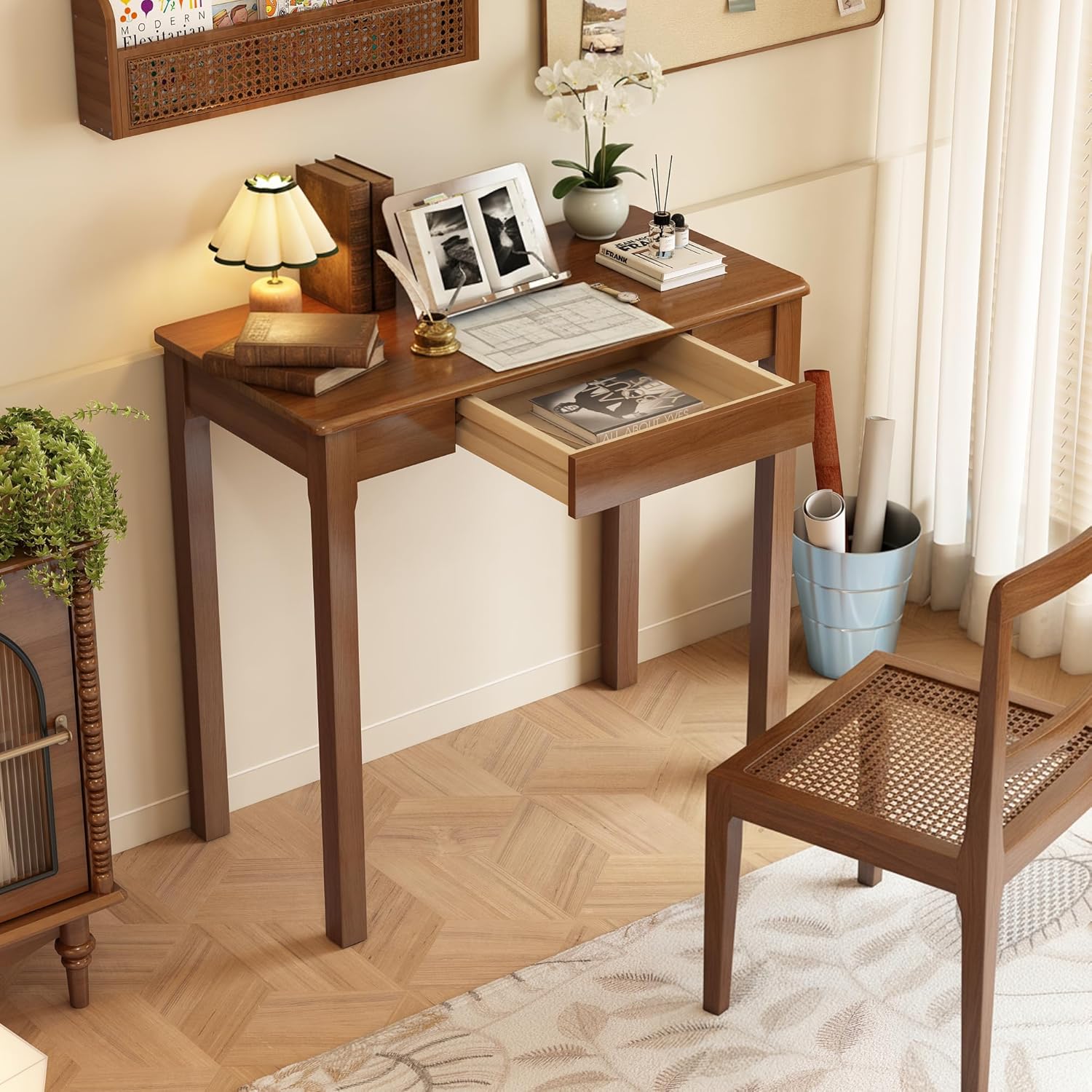 Solid Wood Desk with Drawers - 31.5" Narrow Desks for Small Spaces, Mid Century Modern Desks, Small Wooden Vintage Computer Writing Desk, Study Table for Home Office Bedroom, Walnut