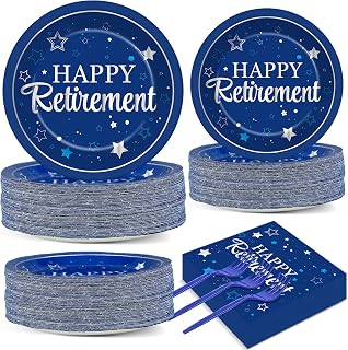 Qyeahkj 50 Guests Retirement Plates and Napkins Party Supplies Happy Retirement Party Decorations Disposable Tableware Set Sliver Blue Dinnerware Favor for Women Men Graduations Theme Party, 200PCS