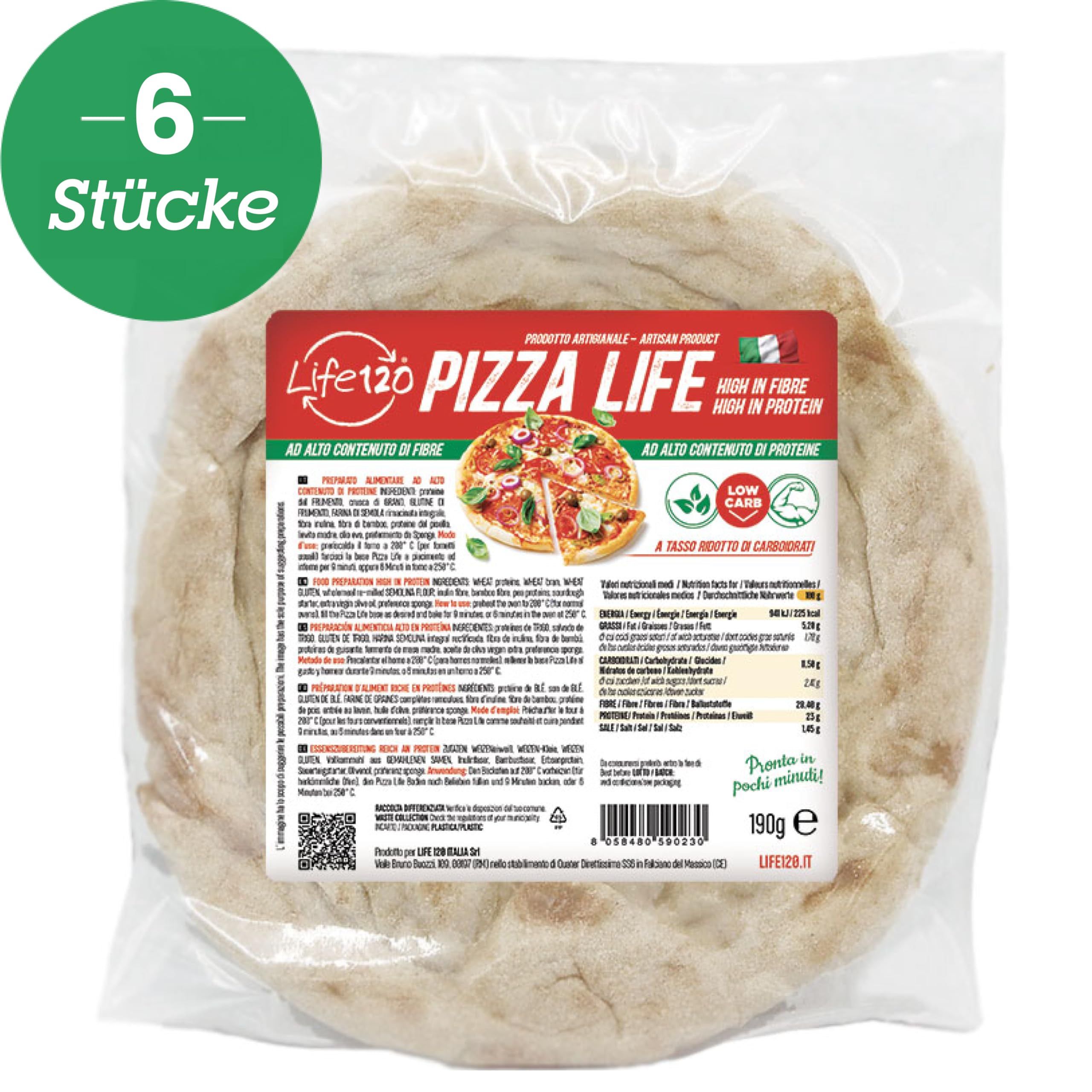 Life 120 Box Pizza Keto Protein Pizza kohlenhydratreduziert Ballaststoffe hoher Proteingehalt 190g 6er Pack