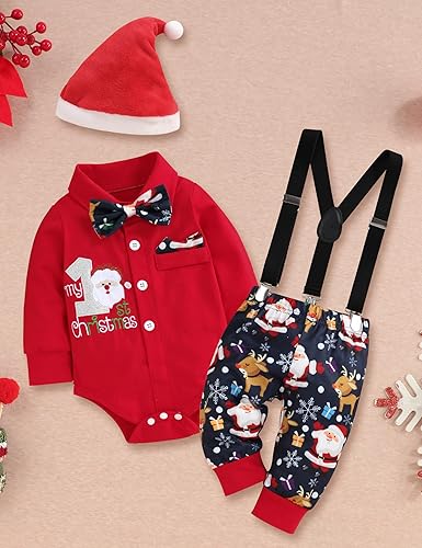 Vista 2 de My First Christmas - Traje de bebé niño con tirantes de caballero, pantalones con estampado de Papá Noel, traje de Navidad y sombrero