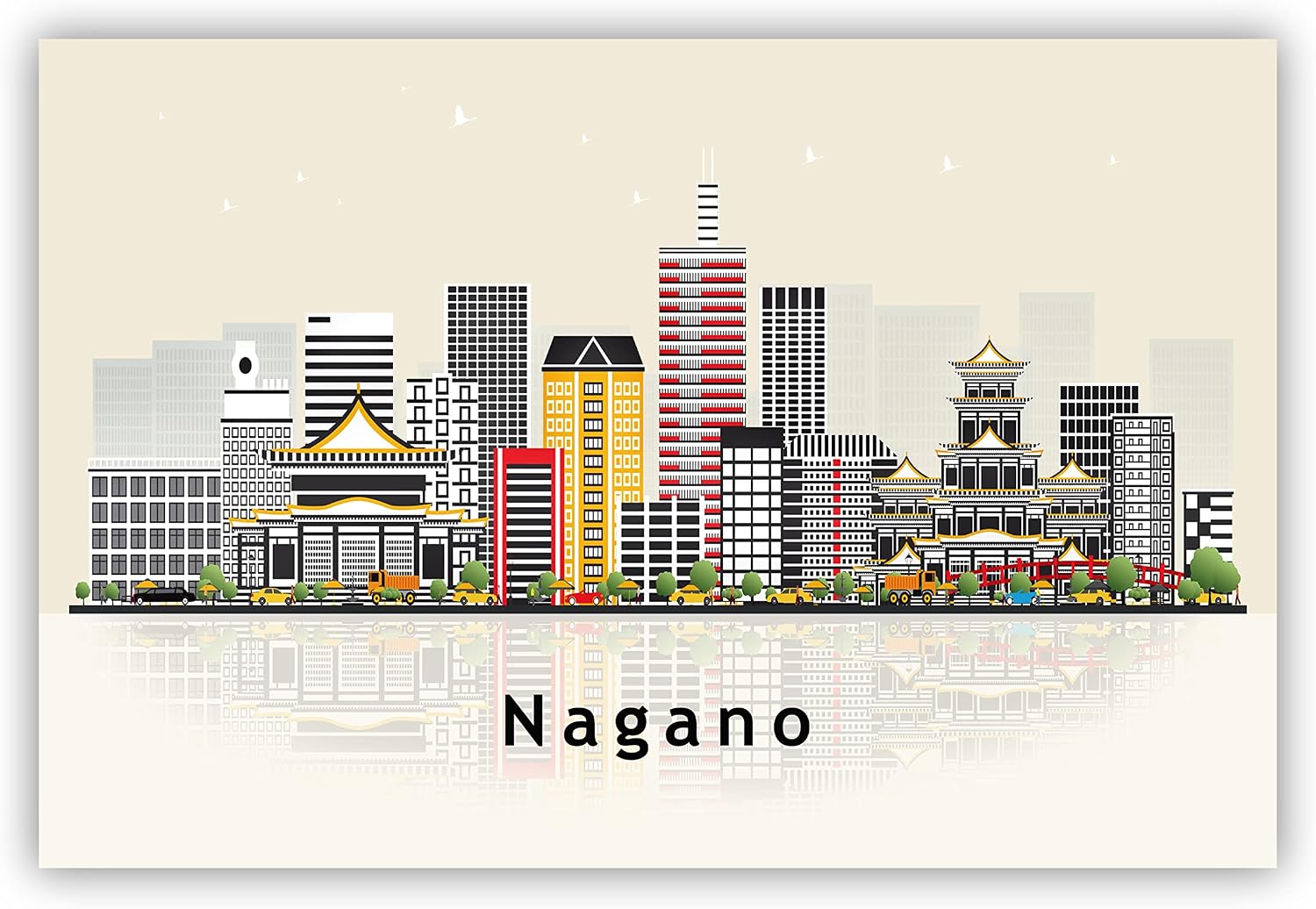 Pera Print Nagano Poster, Japan Illustration Skyline City Poster, Modern Skyline Nagano Poster, Cityscape and Landmark Print, Home-Office Wall Art Decoration - 12x18 Inches