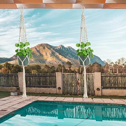Miniatura 7 de Laerjin Ganchos de macramé para plantas, juego de 6 soportes para plantas colgantes hechos a mano, soporte decorativo para macetas, cuerda de