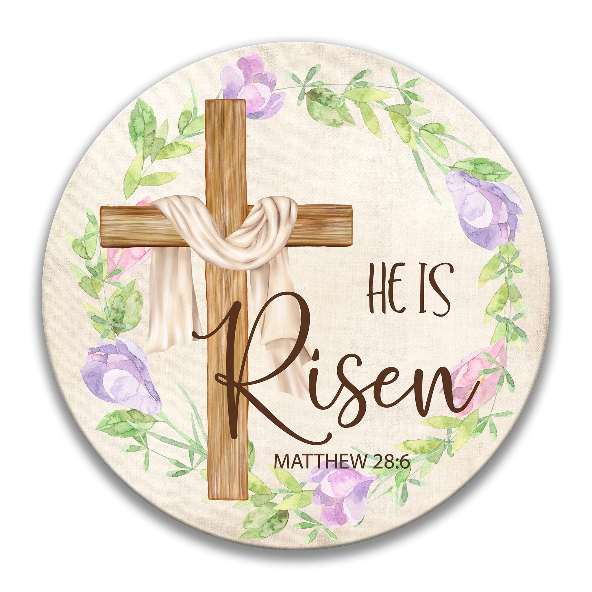 Retro Metal Tin Sign 12 X 12 Inches He is Risen Sign Easter and Spring Wreaths Religious Easter Christian Sign Easter Door Hanger Wreath Round Tin Sign Funny Novelty Metal Retro Wall Decor