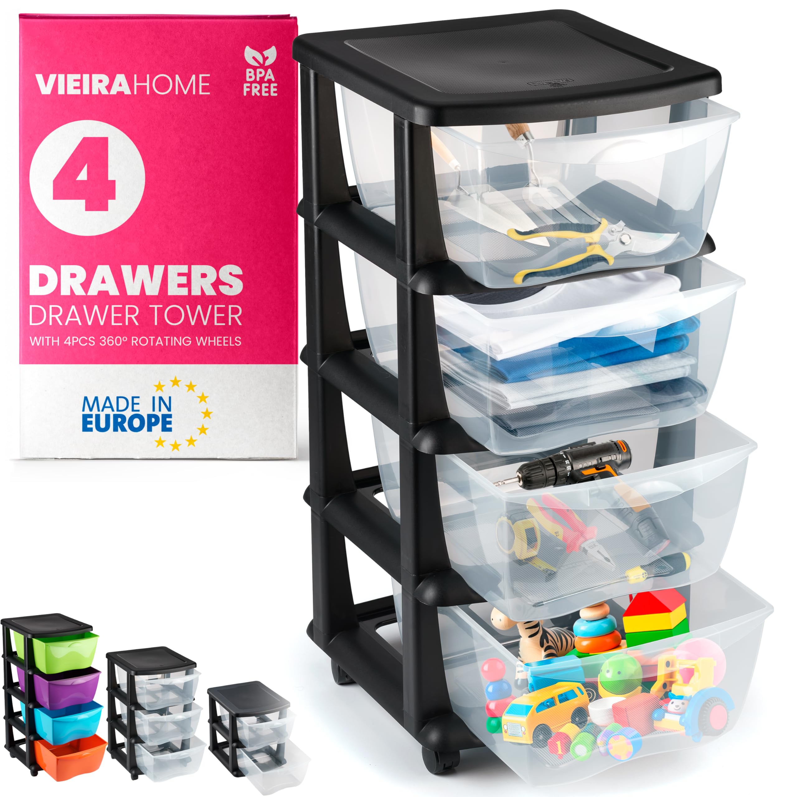 Mueble almacenaje Plastico torre cajonera organizador cajones con ruedas archivador - Escritorio,Oficina, escuela,baño, sala de estar - Hecho en E.U (4 Cajones)