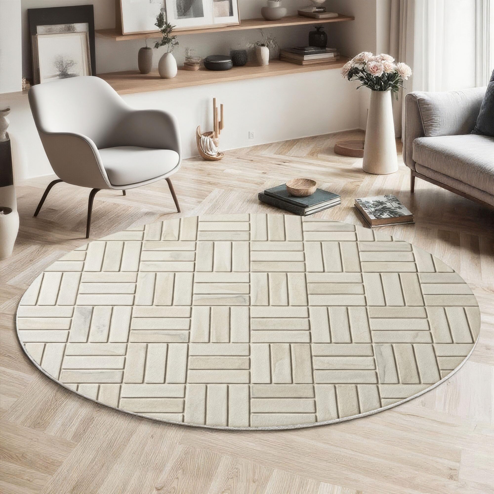 Tapis rond 200cm style industriel mosaïque beige pour salon moderne