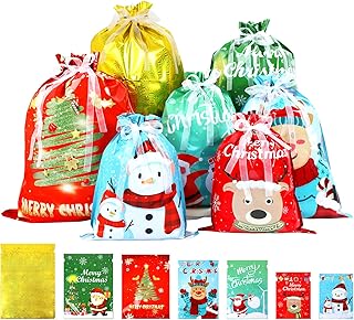 26PCS Christmas Drawstring Gift Bags, Christmas Wrapping Gift Bags Large Medium Small Xmas Bags for Present Xmas Candy Treat Presents Bags For Holiday Decorations