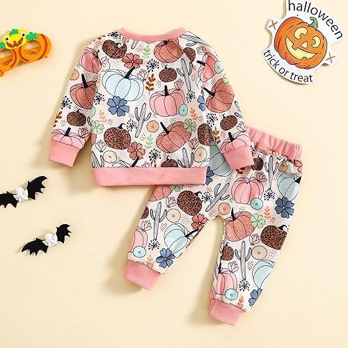 Miniatura 2 de Meiweileya Ropa de otoño para bebé niña, sudadera floral con diseño de calabaza, conjunto de pantalones largos, traje de Halloween, ropa para recién
